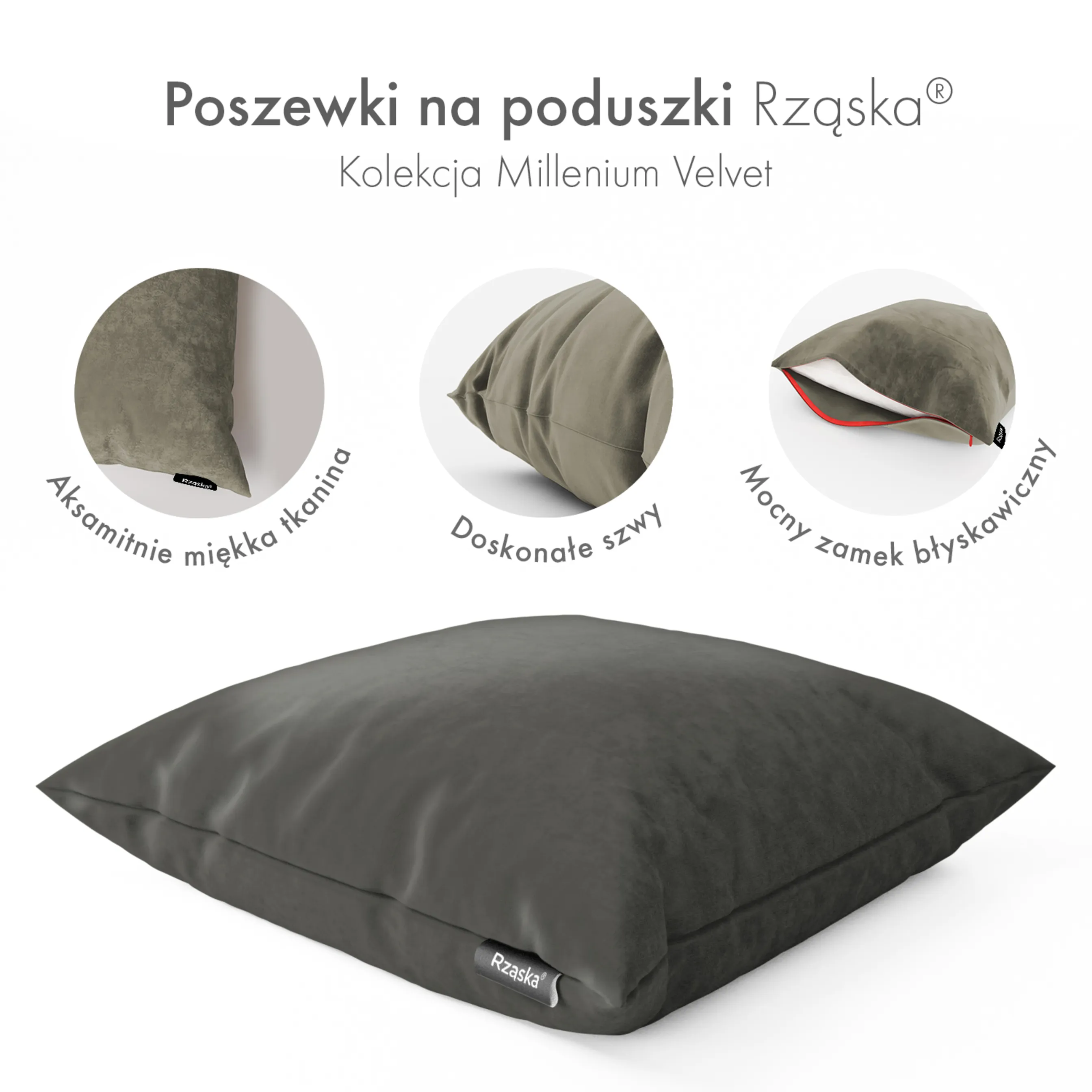 Dekoracyjne poszewki na poduszki Rząska® w rozmiarze 40x40 cm, przytulne i miękkie z kolekcji Millenium Velvet w kolorze Dark Shadow, szarym.