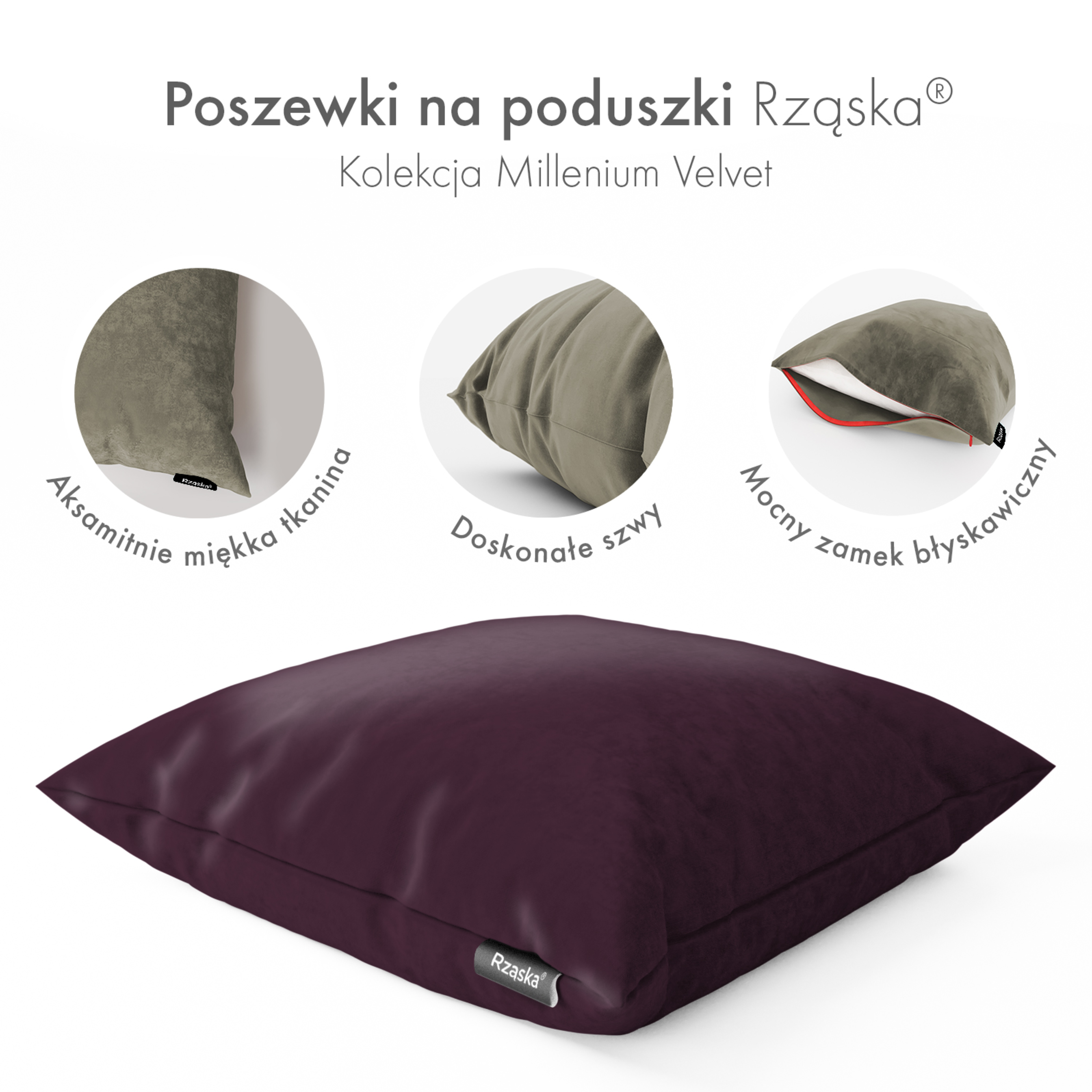 Dekoracyjne poszewki na poduszki Rząska® w rozmiarze 40x40 cm, przytulne i miękkie z kolekcji Millenium Velvet w kolorze Plum, fioletowym.