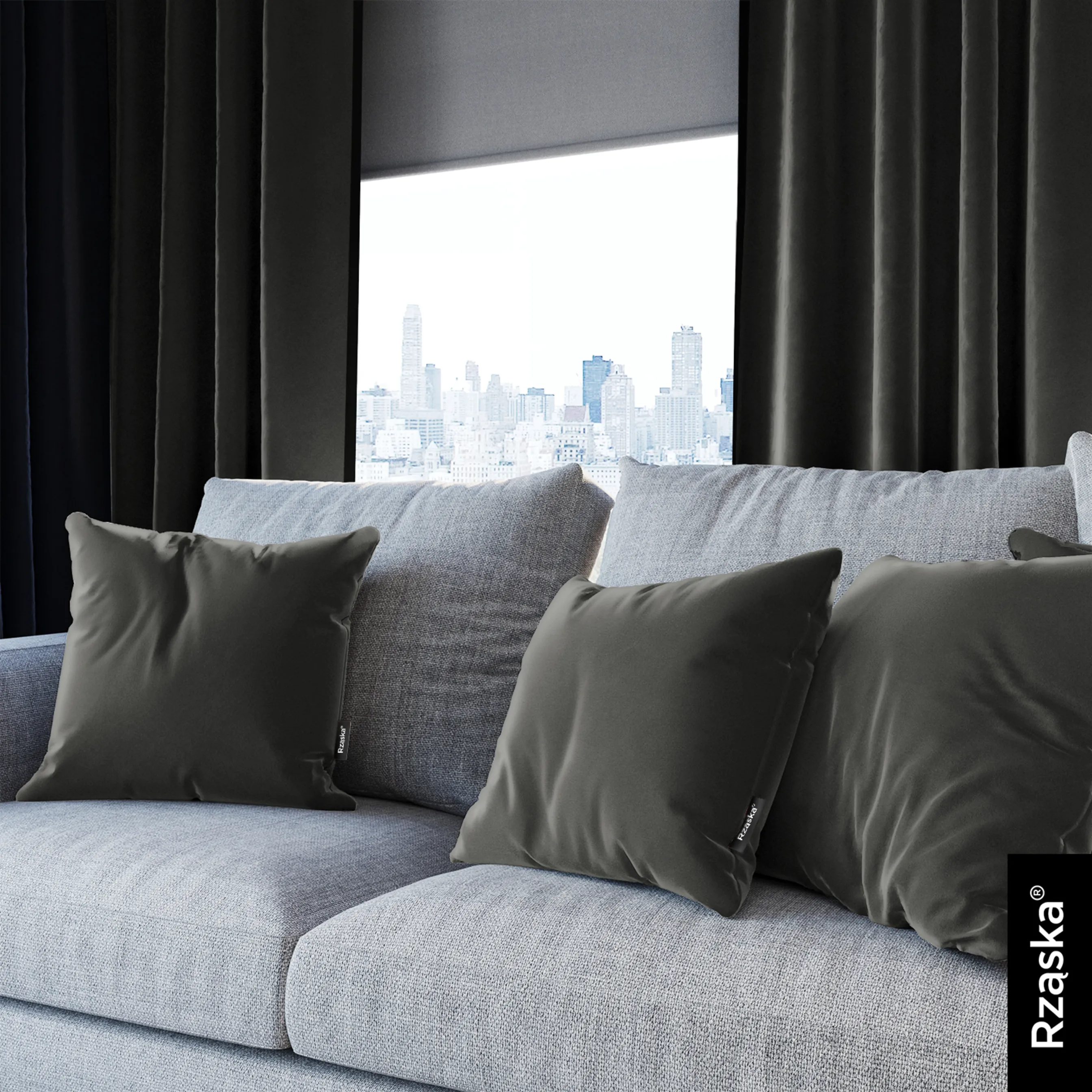 Dekoracyjne poszewki na poduszki Rząska® w rozmiarze 40x40 cm, przytulne i miękkie z kolekcji Millenium Velvet w kolorze Dark Shadow, szarym.
