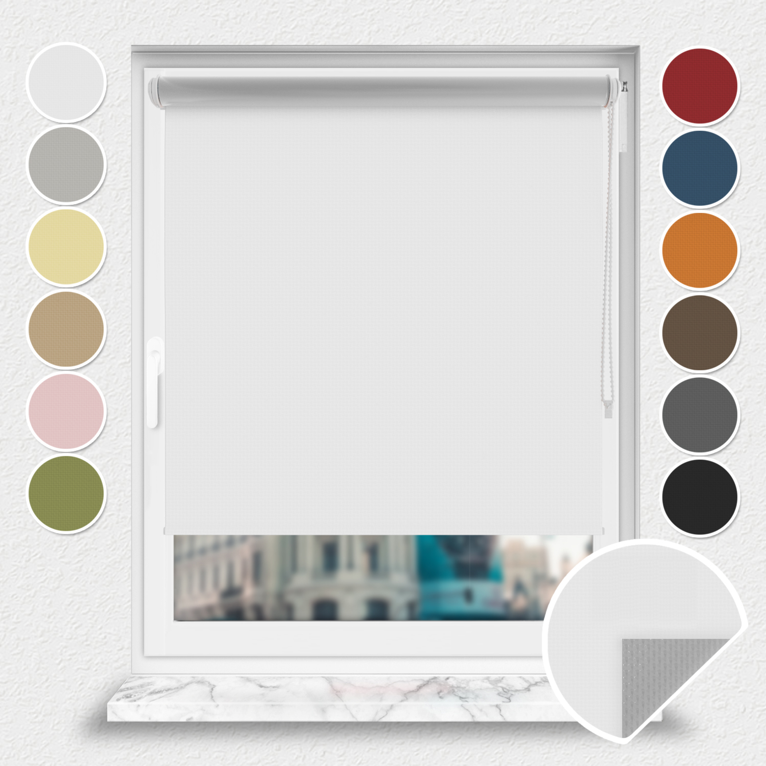 Roleta zaciemniająca Rząska® na wymiar, kolekcja Thermo, uchwyty bezinwazyjne i inwazyjne 2w1 w kolorze Płatek śniegu, białym z profilem białym.