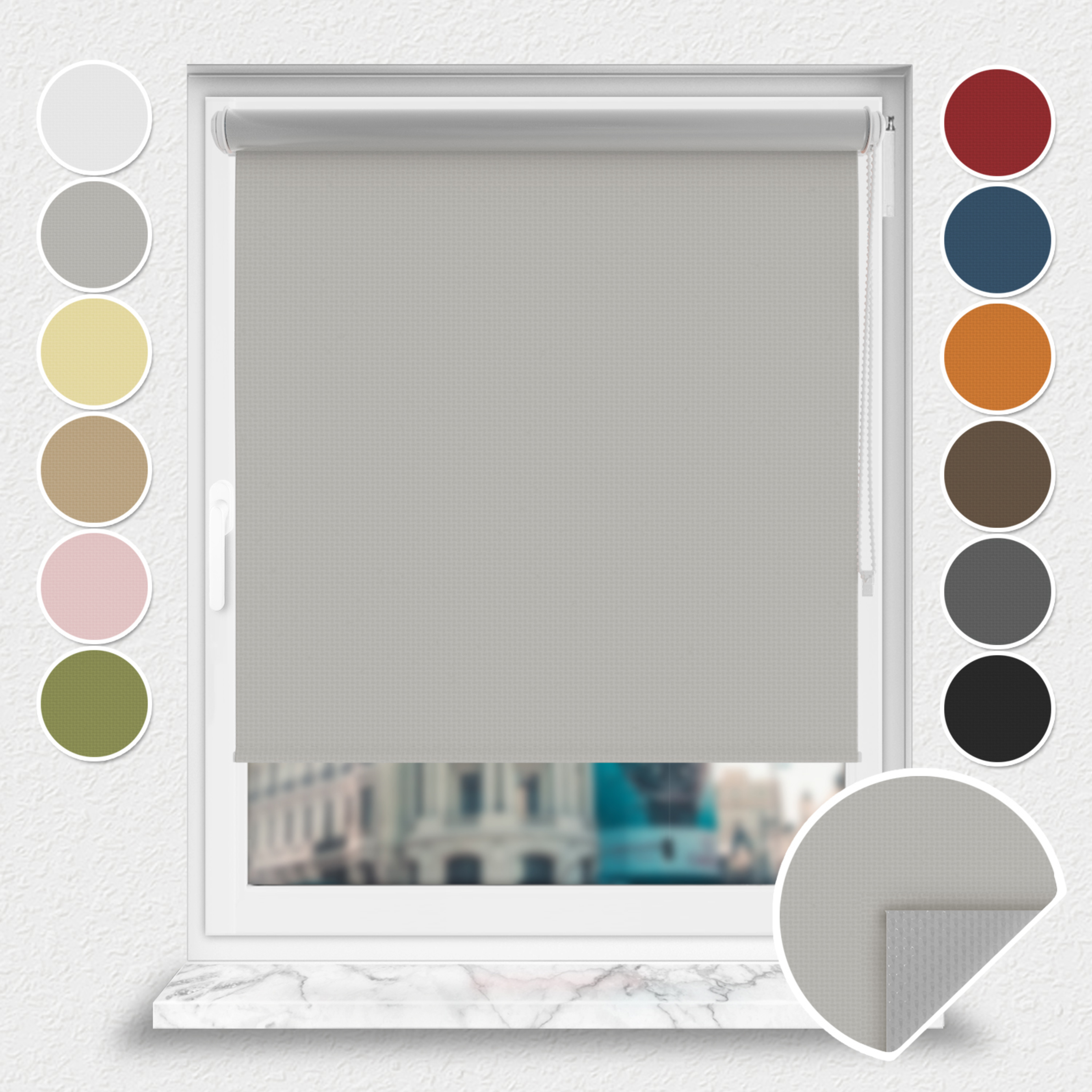 Roleta zaciemniająca Rząska® na wymiar, kolekcja Thermo, uchwyty bezinwazyjne i inwazyjne 2w1 w kolorze Mglisty poranek, szarym z profilem białym.