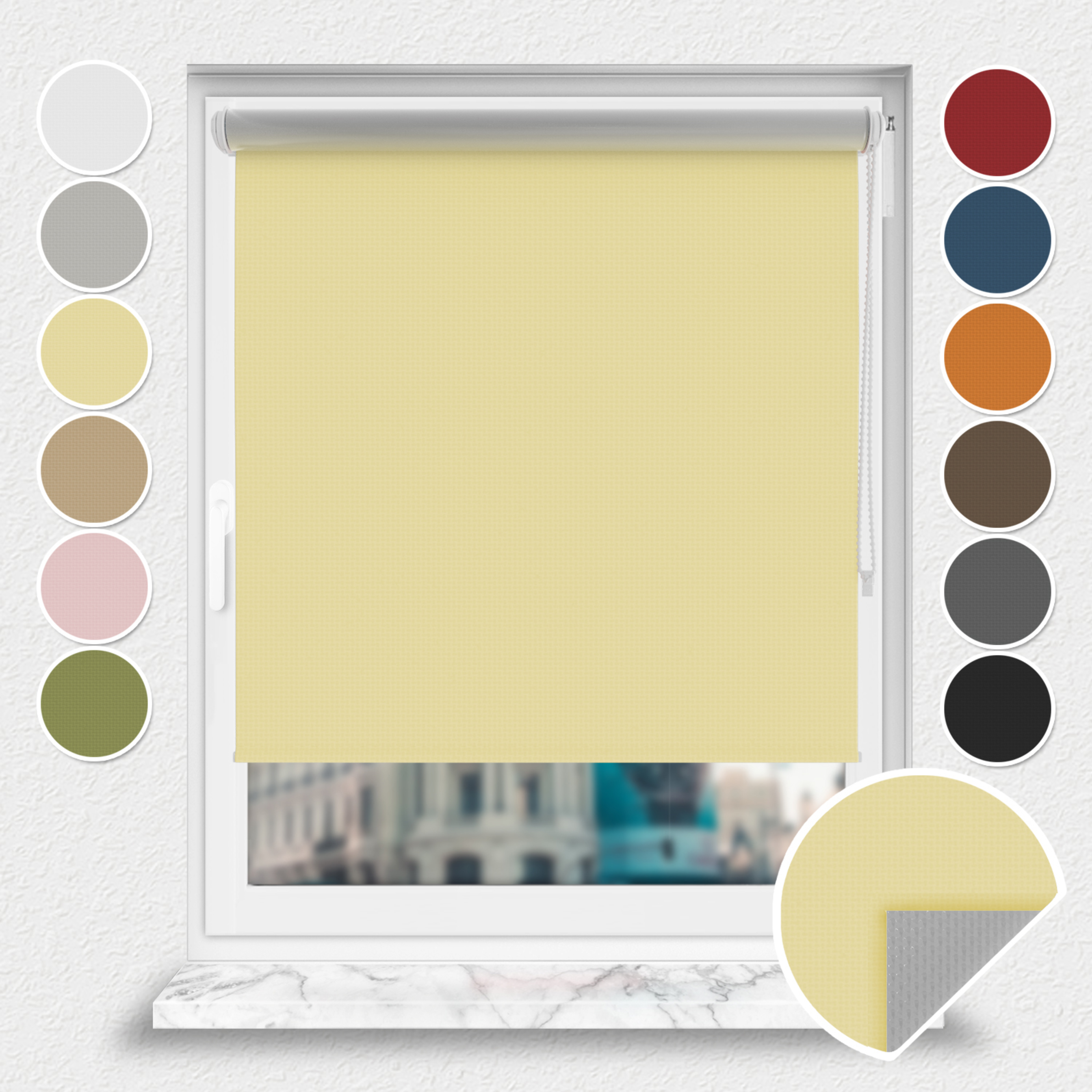 Roleta zaciemniająca Rząska® na wymiar, kolekcja Thermo, uchwyty bezinwazyjne i inwazyjne 2w1 w kolorze Piasczysty brzeg, beżowym z profilem białym.