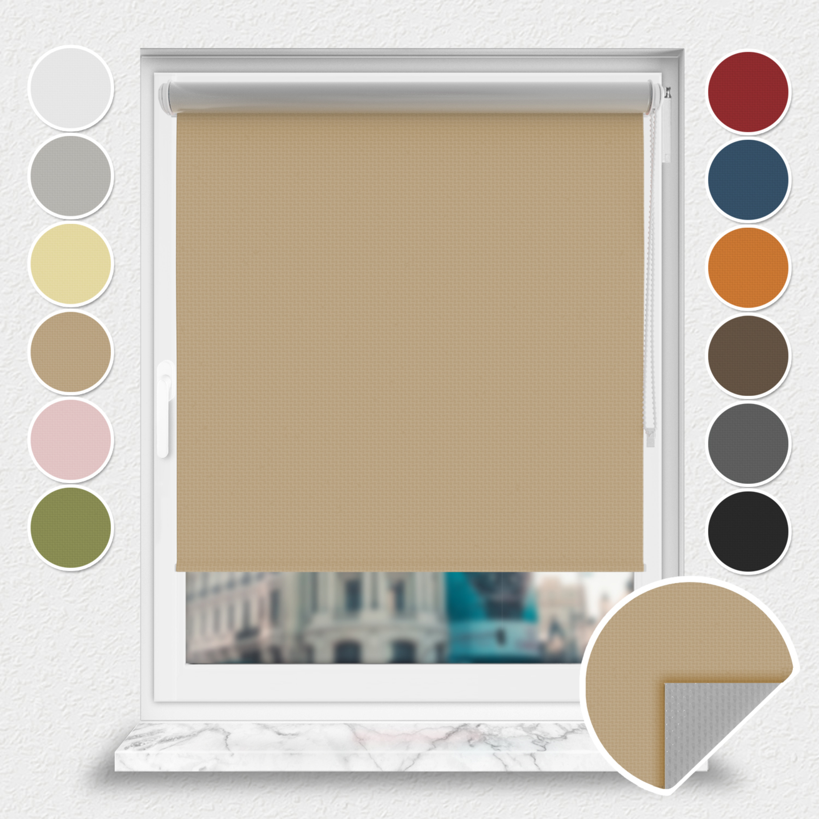 Roleta zaciemniająca Rząska® na wymiar, kolekcja Thermo, uchwyty bezinwazyjne i inwazyjne 2w1 w kolorze Kruche ciasteczko, beżowym z profilem białym.