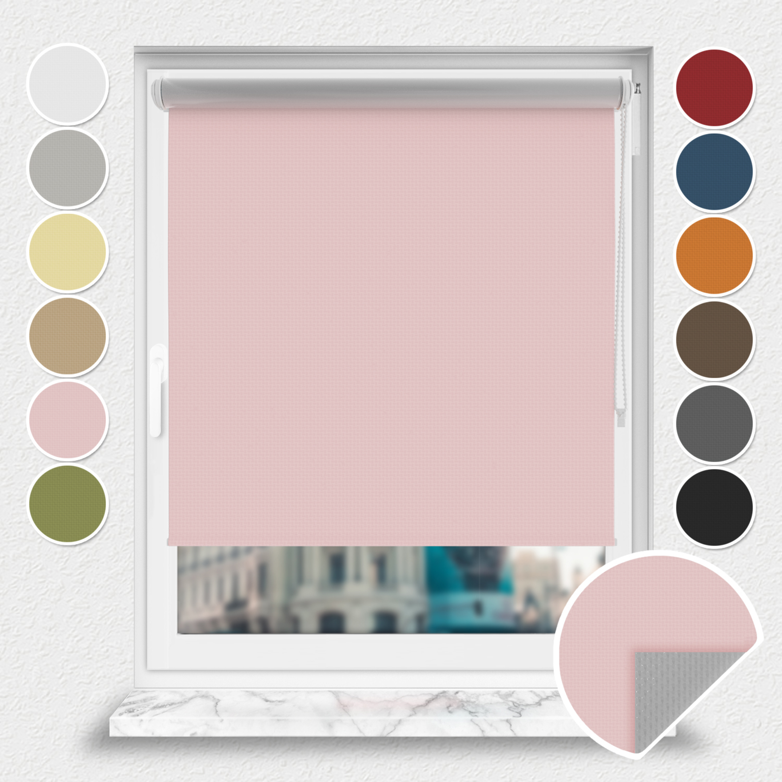 Roleta zaciemniająca Rząska® na wymiar, kolekcja Thermo, uchwyty bezinwazyjne i inwazyjne 2w1 w kolorze Pudrowy róż, różowym z profilem białym.