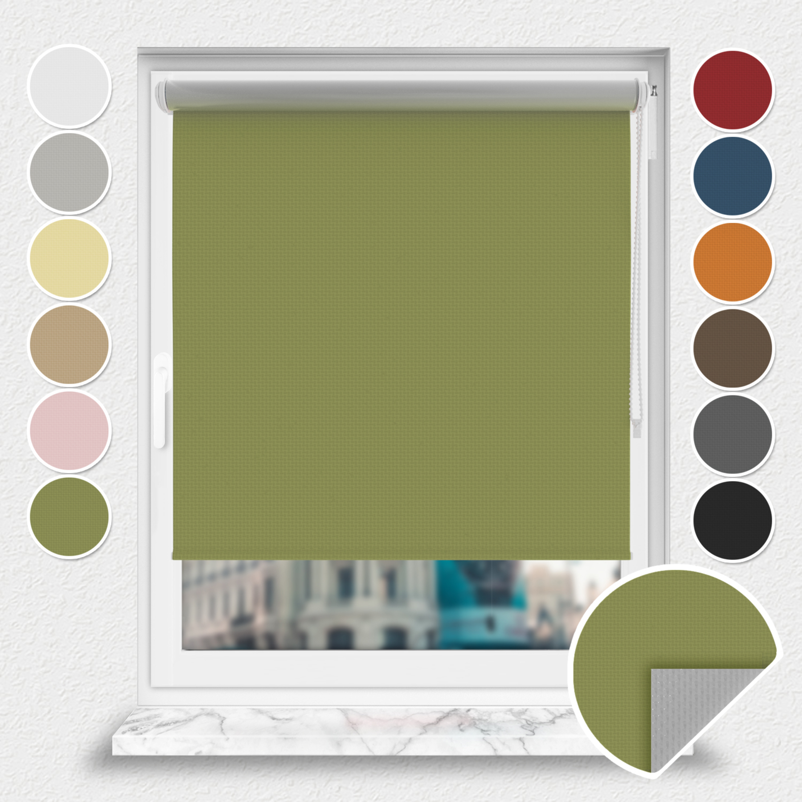 Roleta zaciemniająca Rząska® na wymiar, kolekcja Thermo, uchwyty bezinwazyjne i inwazyjne 2w1 w kolorze Oliwa europejska, zielonym z profilem białym.