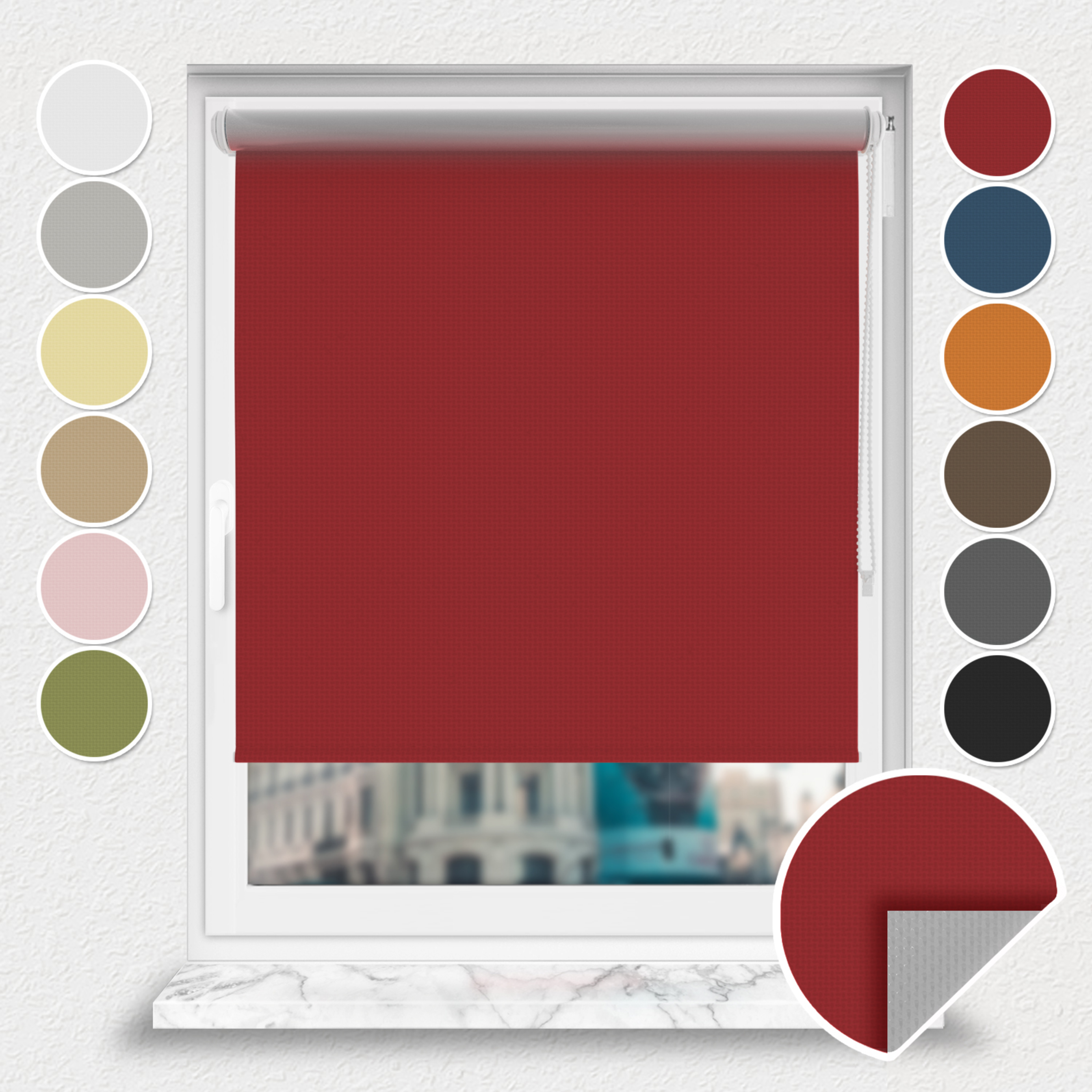 Roleta zaciemniająca Rząska® na wymiar, kolekcja Thermo, uchwyty bezinwazyjne i inwazyjne 2w1 w kolorze Wiśniowe cukierki, czerwonym z profilem białym.