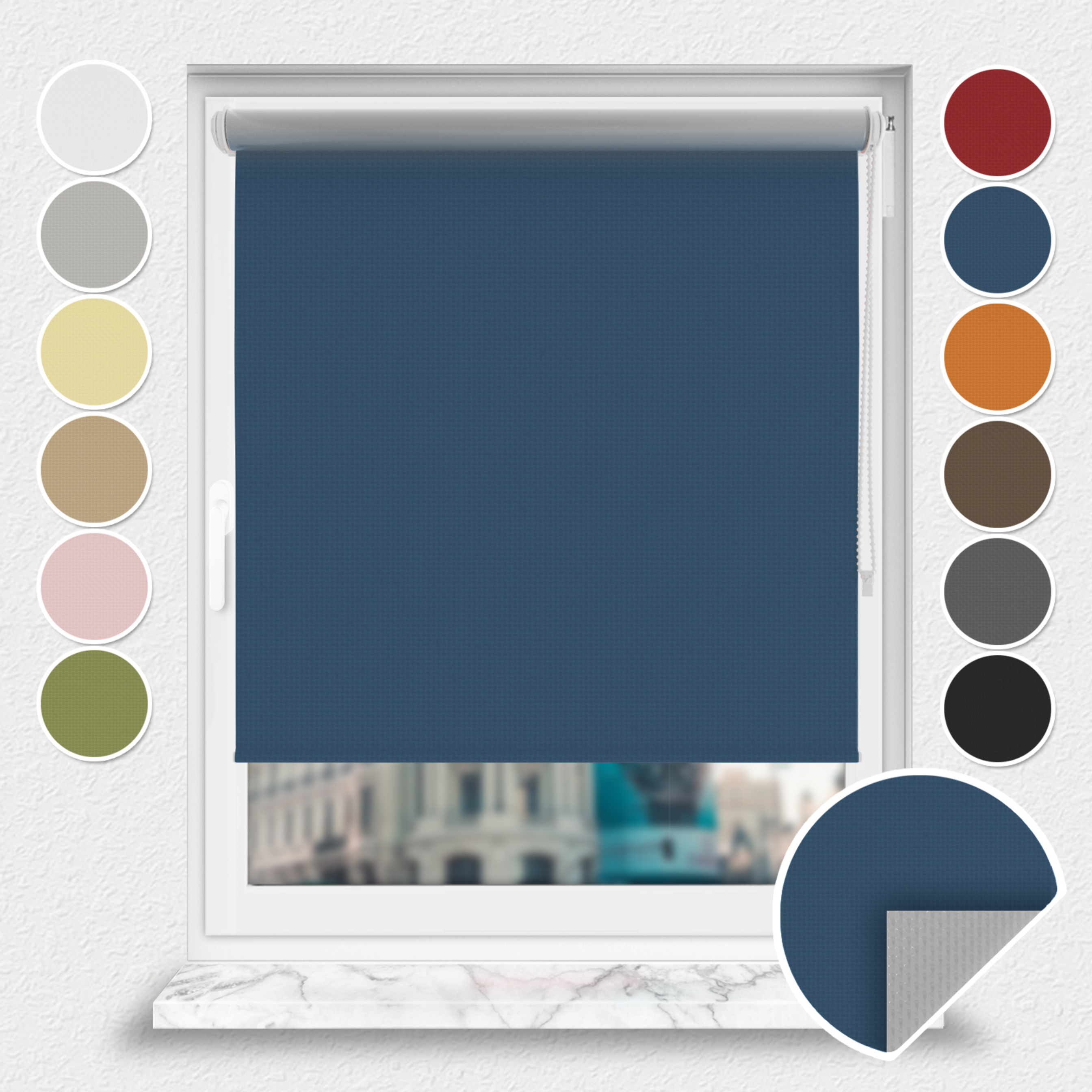 Roleta zaciemniająca Rząska® na wymiar, kolekcja Thermo, uchwyty bezinwazyjne i inwazyjne 2w1 w kolorze Navy Blue , niebieskim z profilem białym.