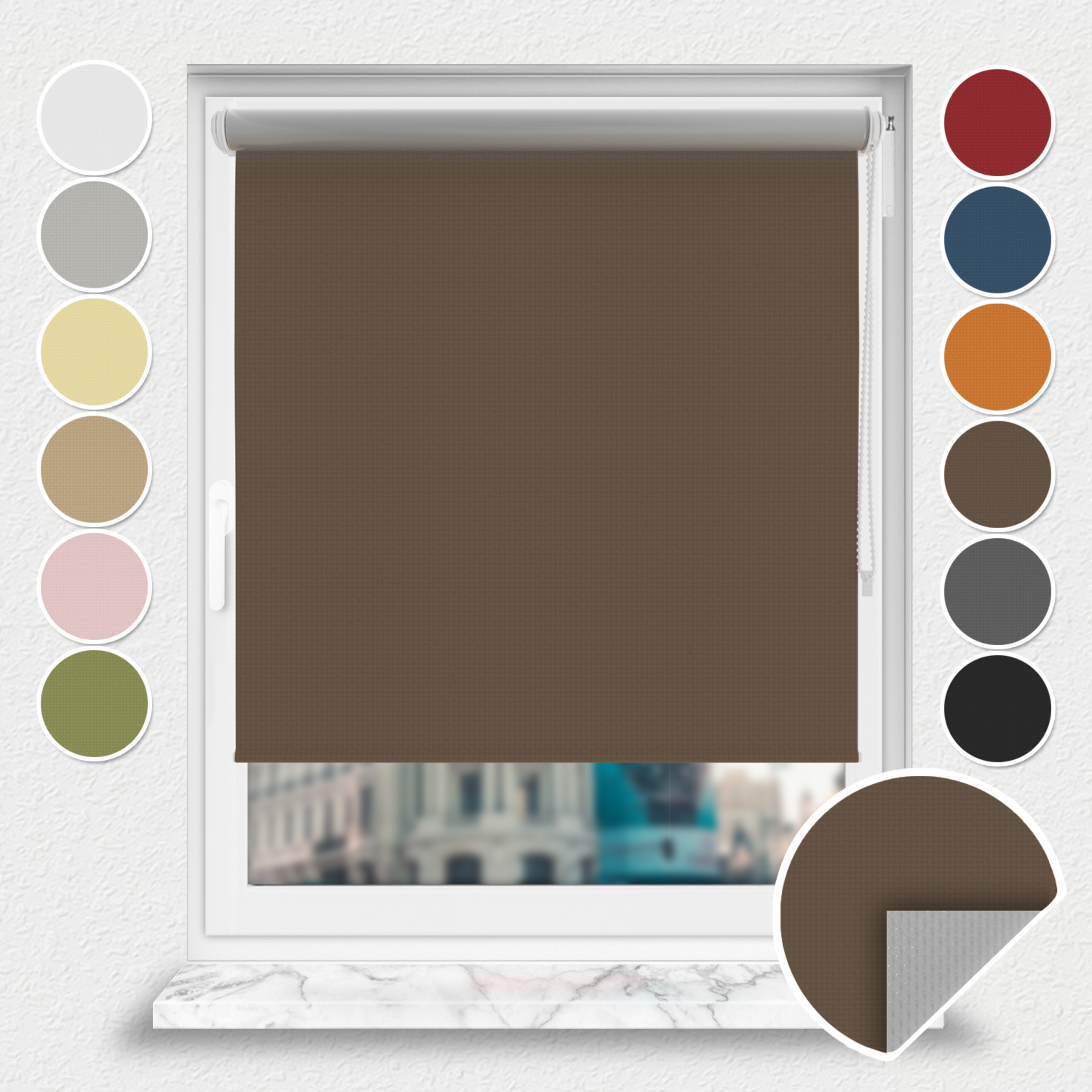 Roleta zaciemniająca Rząska® na wymiar, kolekcja Thermo, uchwyty bezinwazyjne i inwazyjne 2w1 w kolorze Ciemny orzech, brązowym z profilem białym.