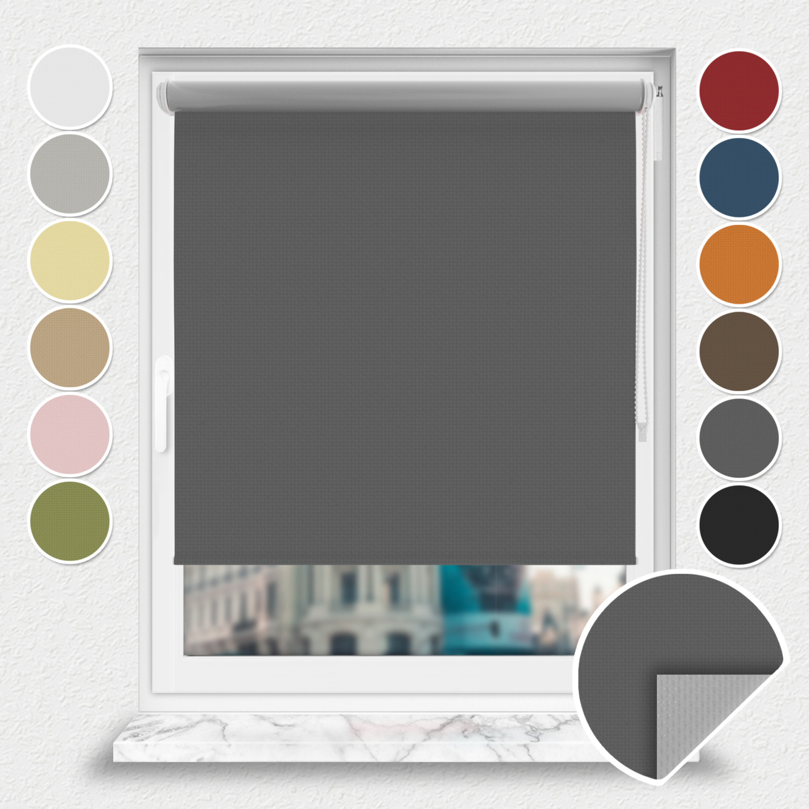 Roleta zaciemniająca Rząska® na wymiar, kolekcja Thermo, uchwyty bezinwazyjne i inwazyjne 2w1 w kolorze Cień szarości, szarym z profilem białym.