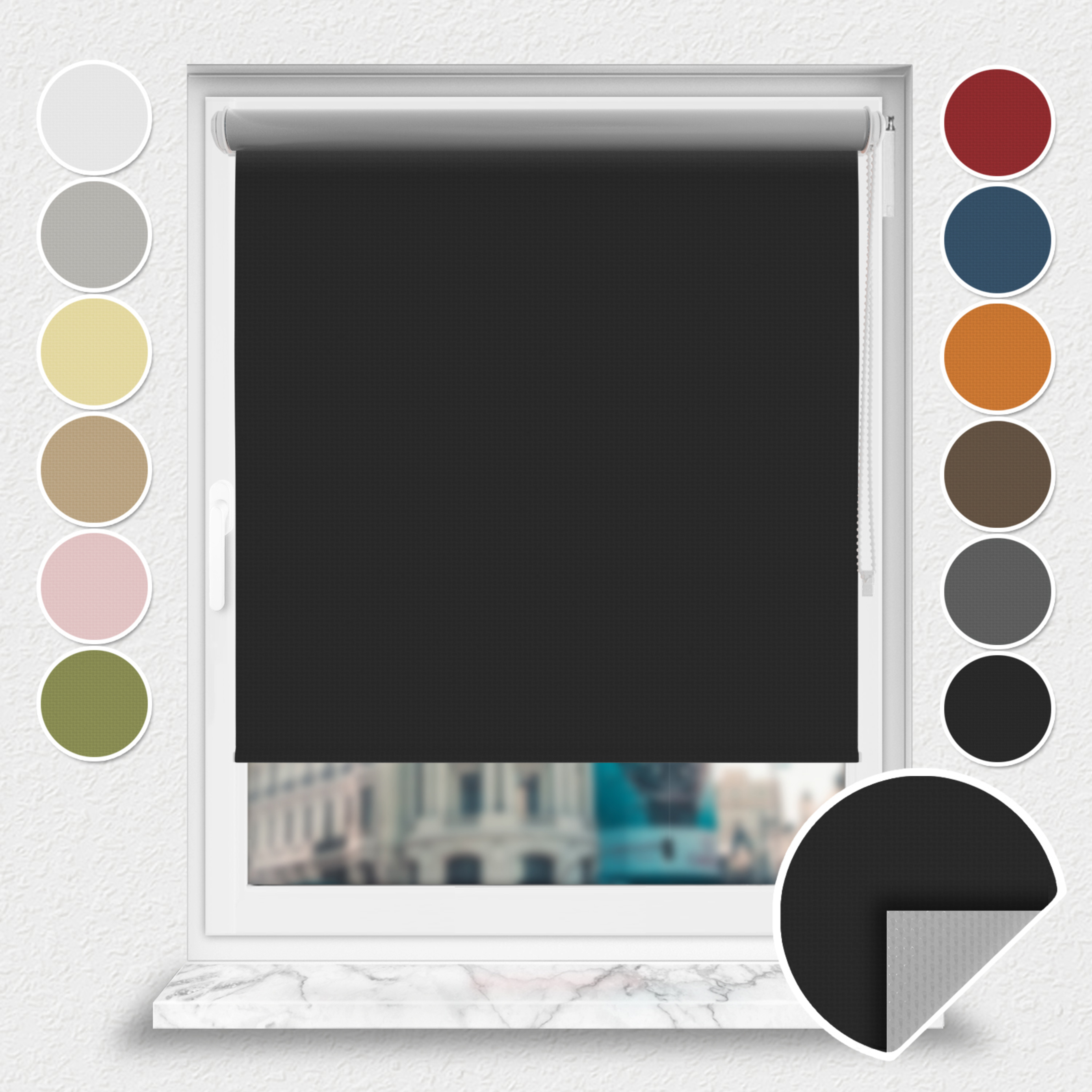 Roleta zaciemniająca Rząska® na wymiar, kolekcja Thermo, uchwyty bezinwazyjne i inwazyjne 2w1 w kolorze Onksynowy kamień, czarnym z profilem białym.