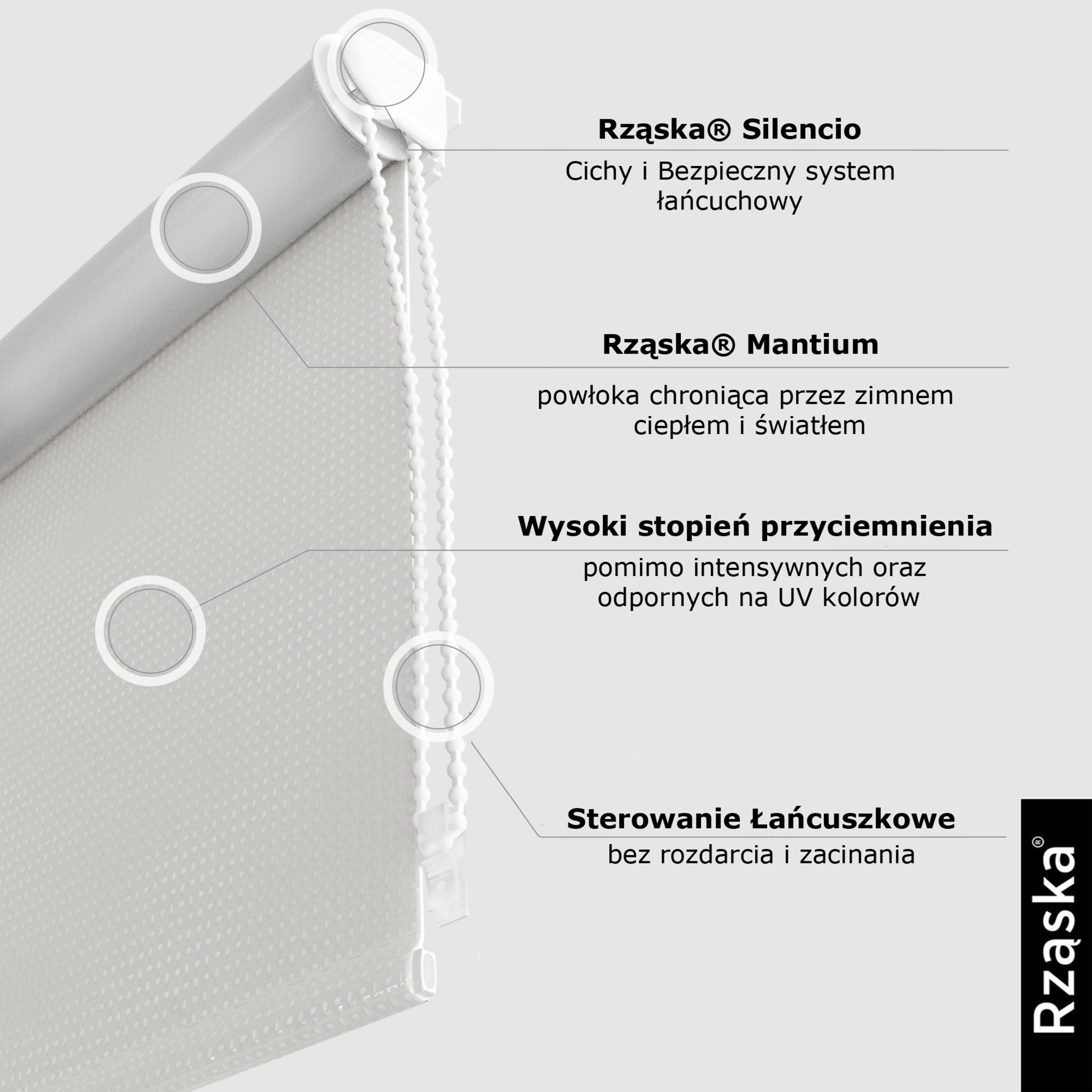 Roleta zaciemniająca Rząska® na wymiar, kolekcja Thermo, uchwyty bezinwazyjne i inwazyjne 2w1 w kolorze Mglisty poranek, szarym z profilem białym.