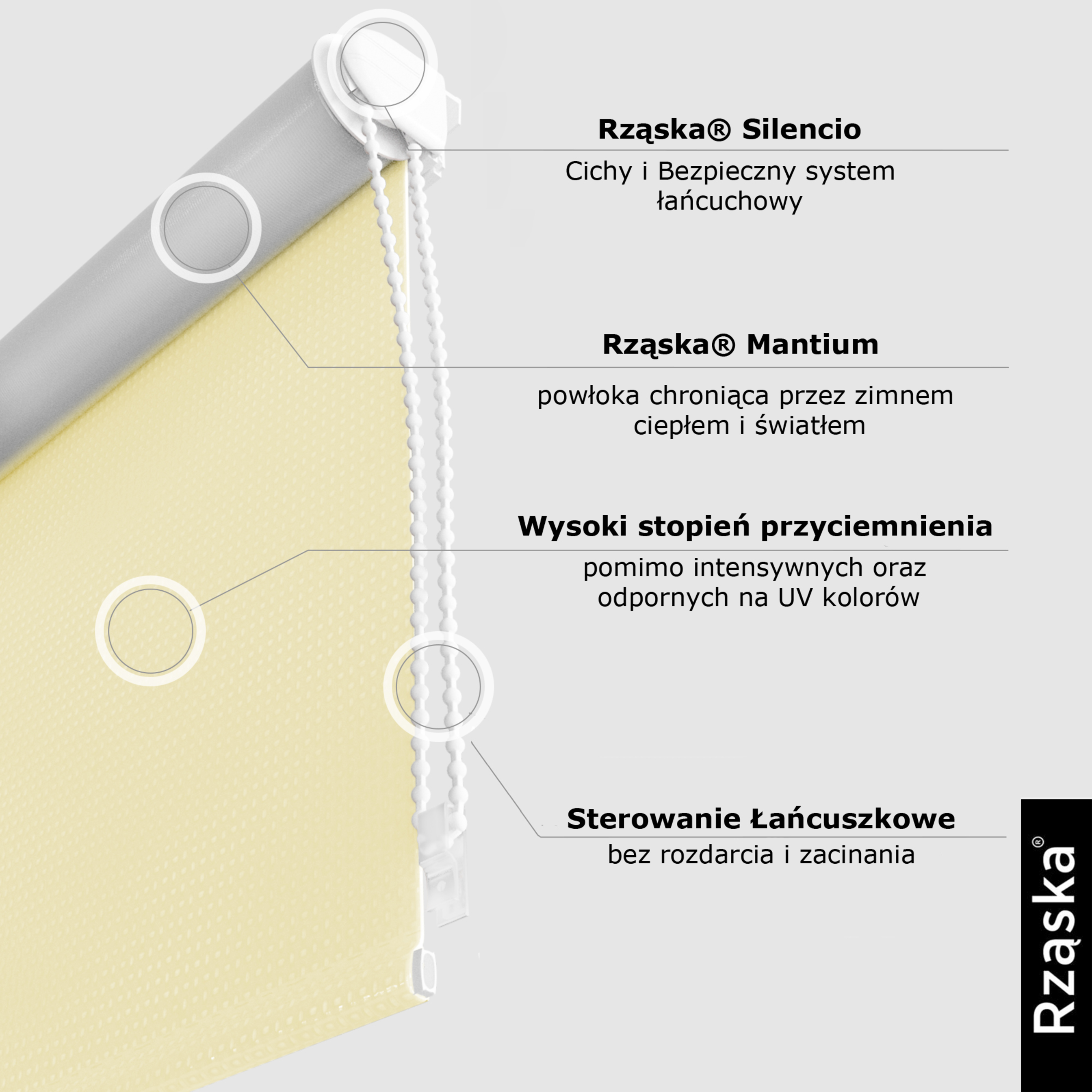 Roleta zaciemniająca Rząska® na wymiar, kolekcja Thermo, uchwyty bezinwazyjne i inwazyjne 2w1 w kolorze Piasczysty brzeg, beżowym z profilem białym.