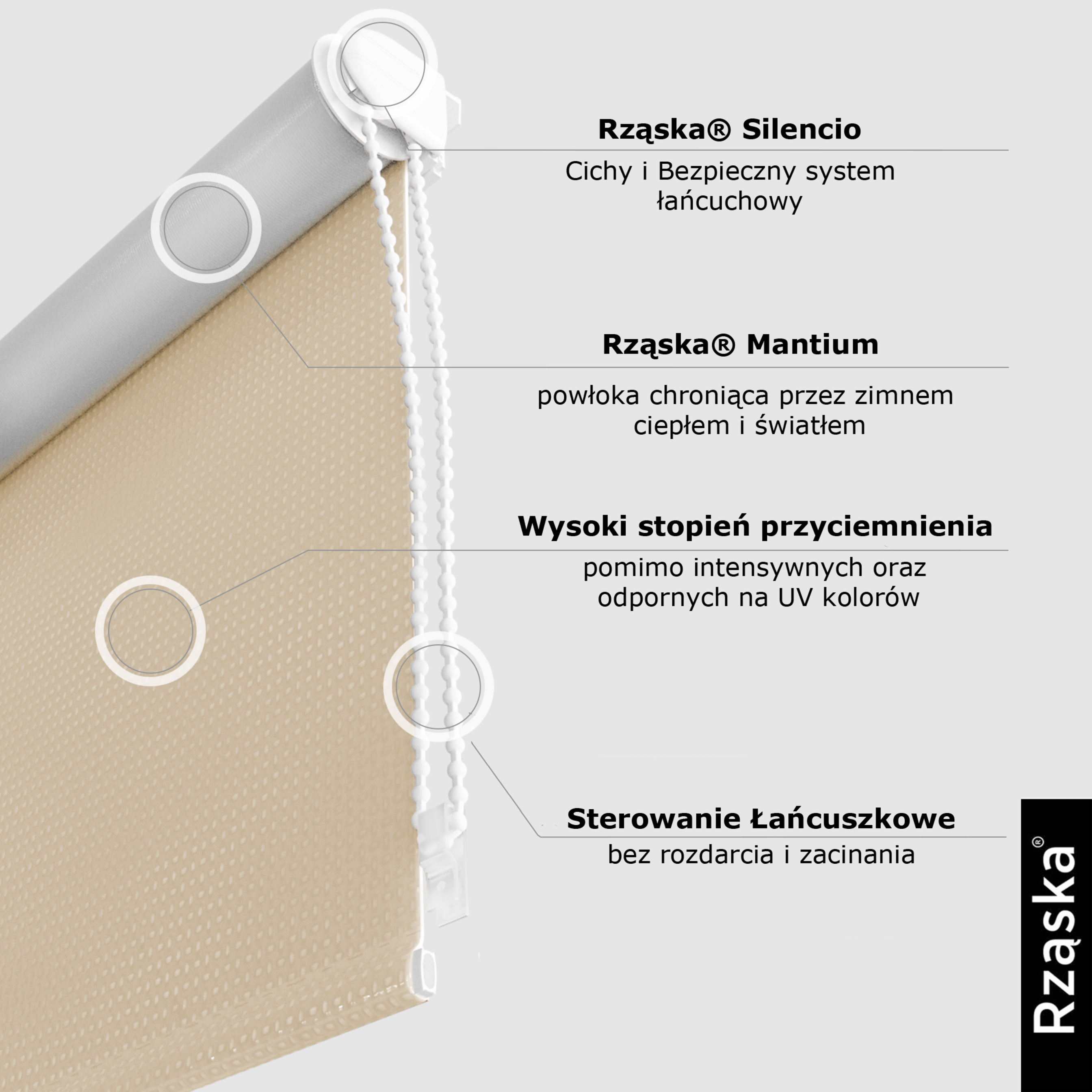 Roleta zaciemniająca Rząska® na wymiar, kolekcja Thermo, uchwyty bezinwazyjne i inwazyjne 2w1 w kolorze Kruche ciasteczko, beżowym z profilem białym.