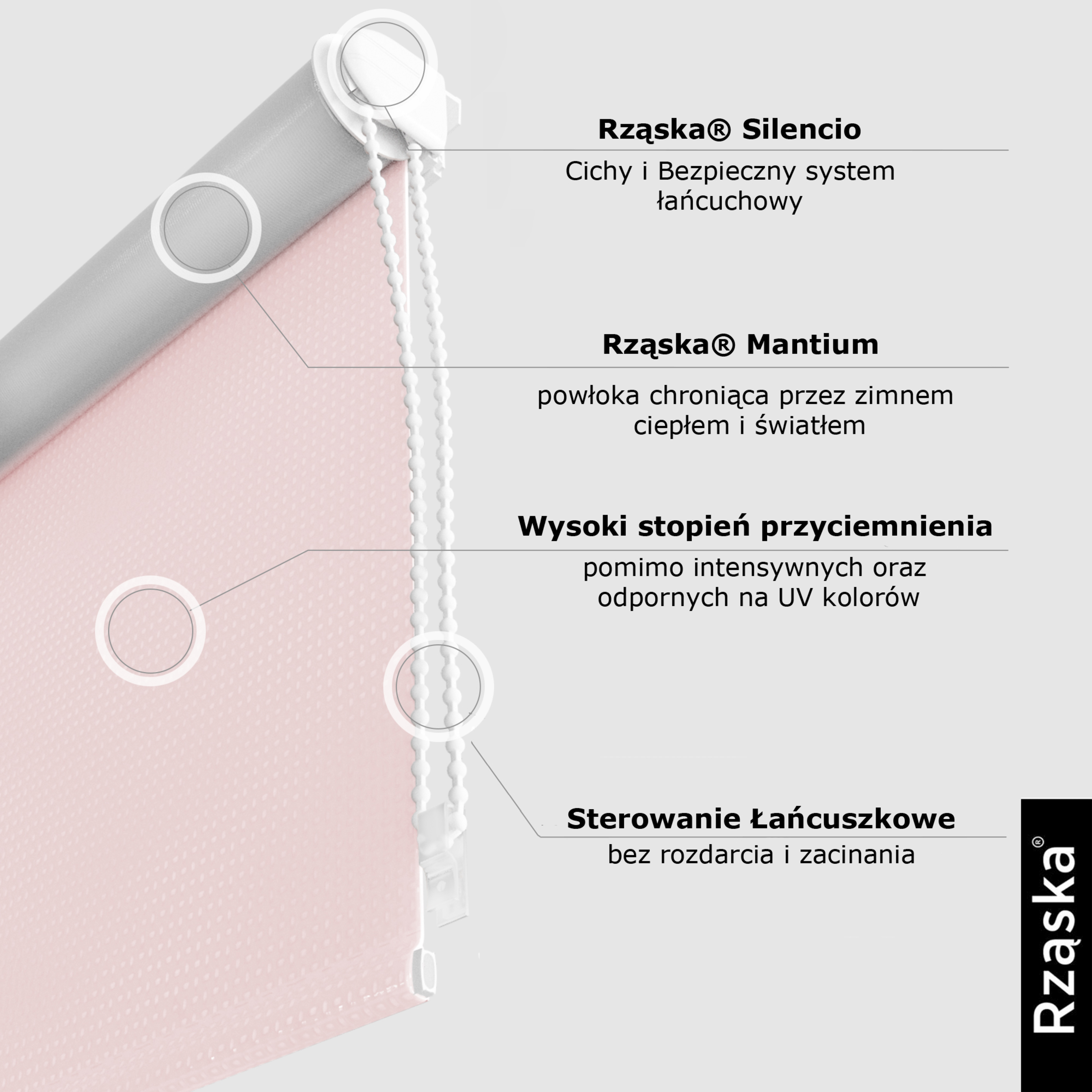 Roleta zaciemniająca Rząska® na wymiar, kolekcja Thermo, uchwyty bezinwazyjne i inwazyjne 2w1 w kolorze Pudrowy róż, różowym z profilem białym.