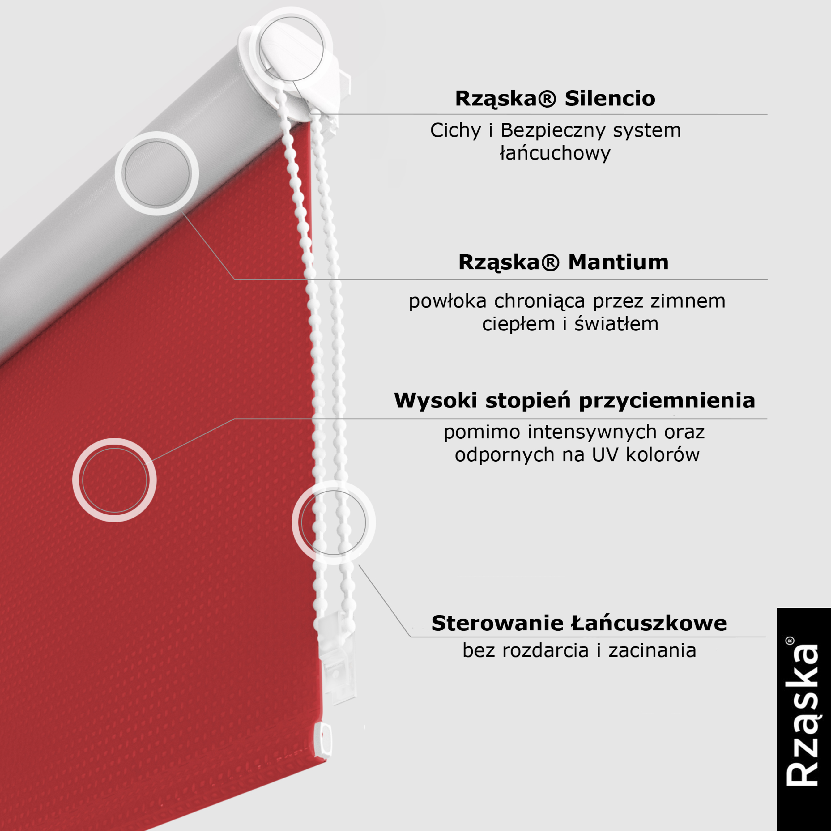 Roleta zaciemniająca Rząska® na wymiar, kolekcja Thermo, uchwyty bezinwazyjne i inwazyjne 2w1 w kolorze Wiśniowe cukierki, czerwonym z profilem białym.