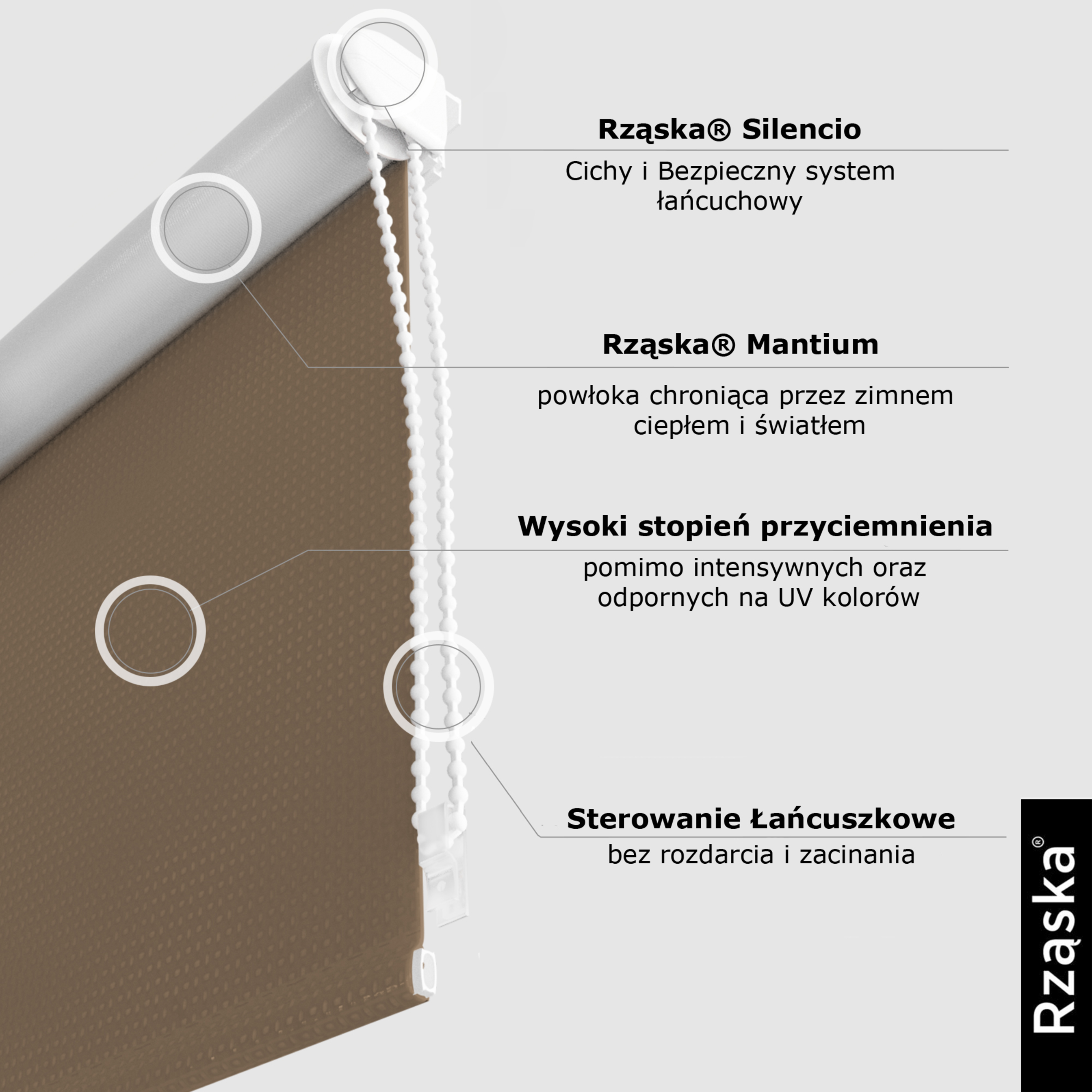 Roleta zaciemniająca Rząska® na wymiar, kolekcja Thermo, uchwyty bezinwazyjne i inwazyjne 2w1 w kolorze Ciemny orzech, brązowym z profilem białym.
