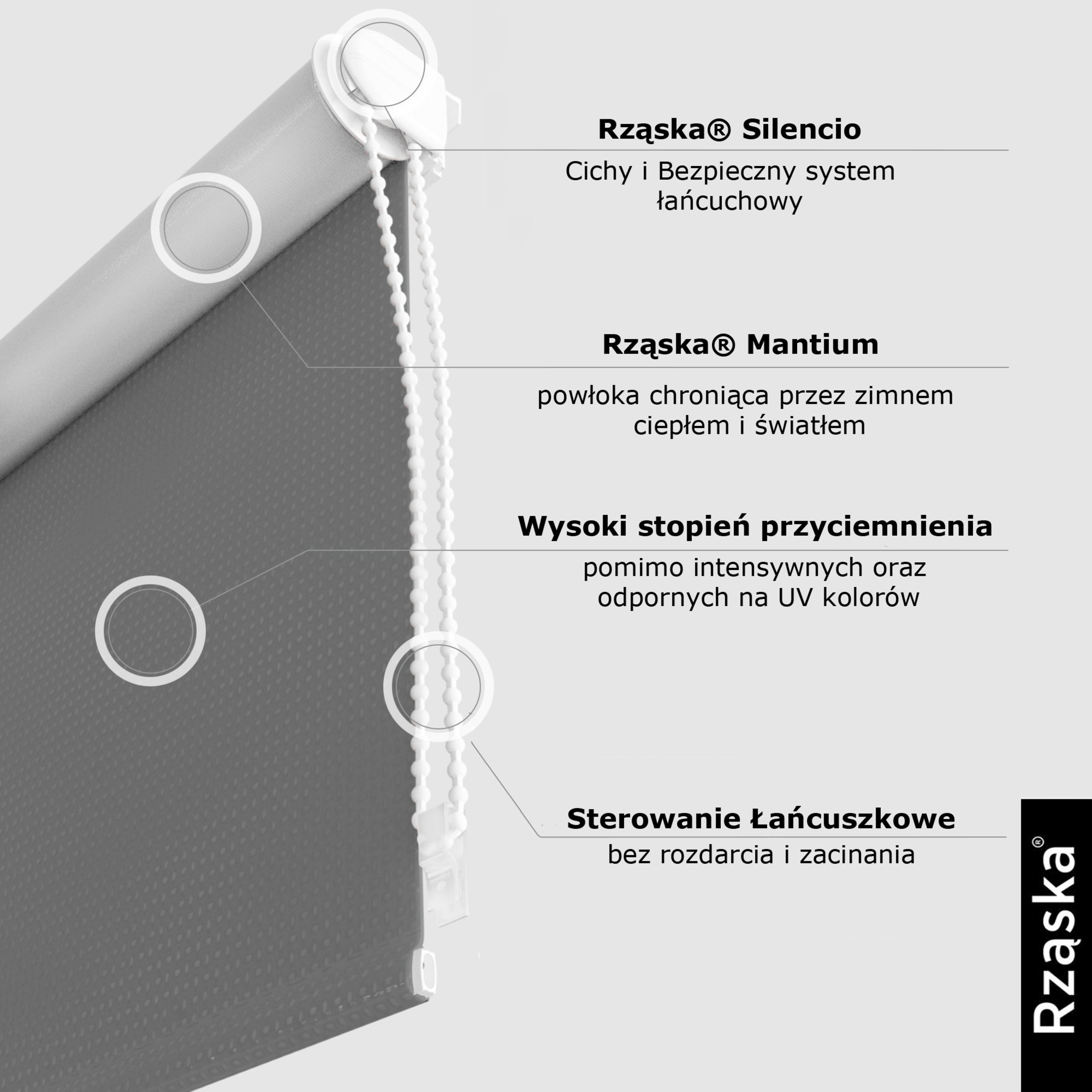 Roleta zaciemniająca Rząska® na wymiar, kolekcja Thermo, uchwyty bezinwazyjne i inwazyjne 2w1 w kolorze Cień szarości, szarym z profilem białym.