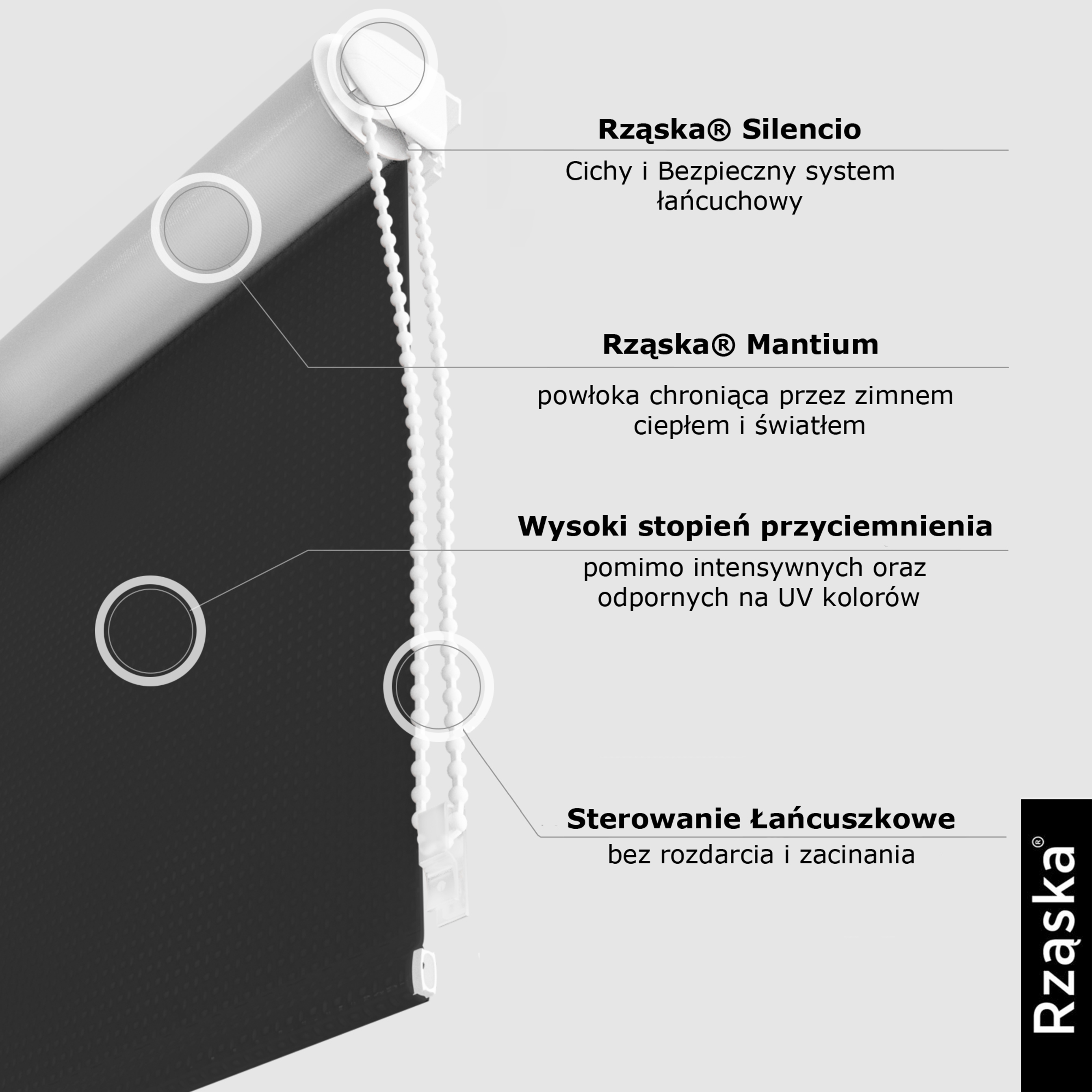 Roleta zaciemniająca Rząska® na wymiar, kolekcja Thermo, uchwyty bezinwazyjne i inwazyjne 2w1 w kolorze Onksynowy kamień, czarnym z profilem białym.