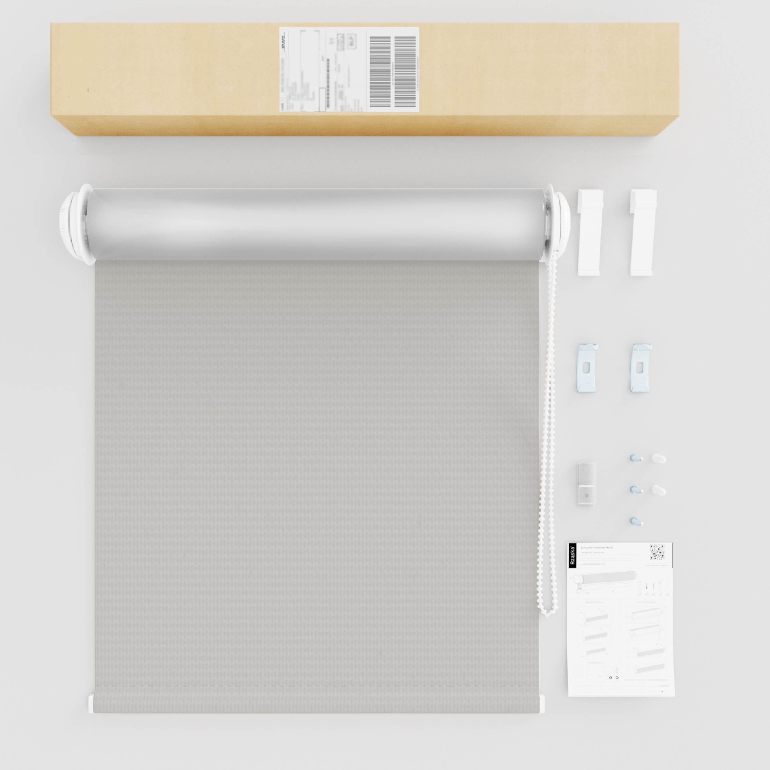 Roleta zaciemniająca Rząska® na wymiar, kolekcja Thermo, uchwyty bezinwazyjne i inwazyjne 2w1 w kolorze Mglisty poranek, szarym z profilem białym.