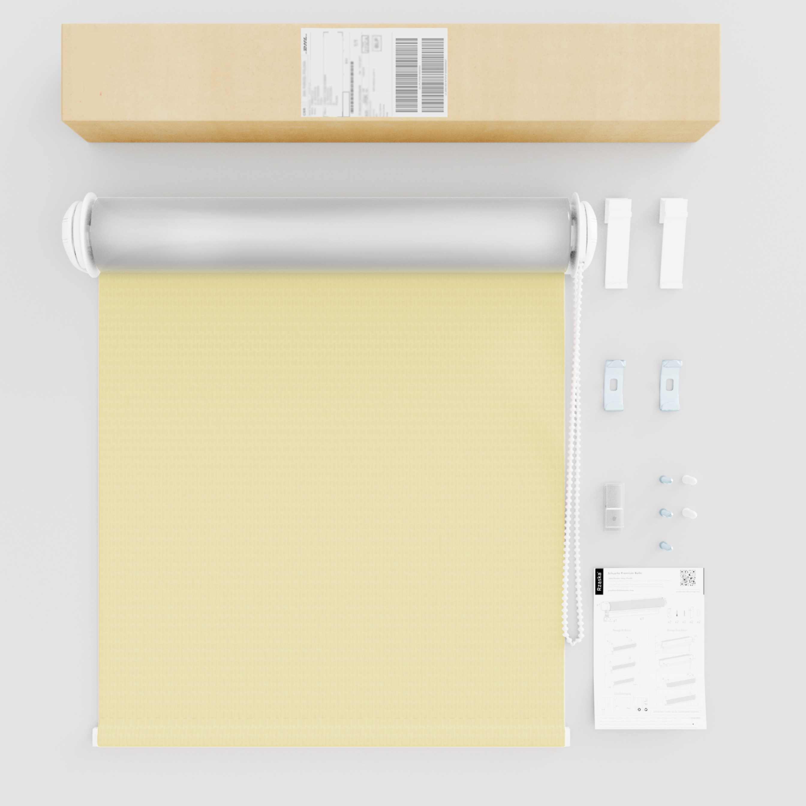 Roleta zaciemniająca Rząska® na wymiar, kolekcja Thermo, uchwyty bezinwazyjne i inwazyjne 2w1 w kolorze Piasczysty brzeg, beżowym z profilem białym.