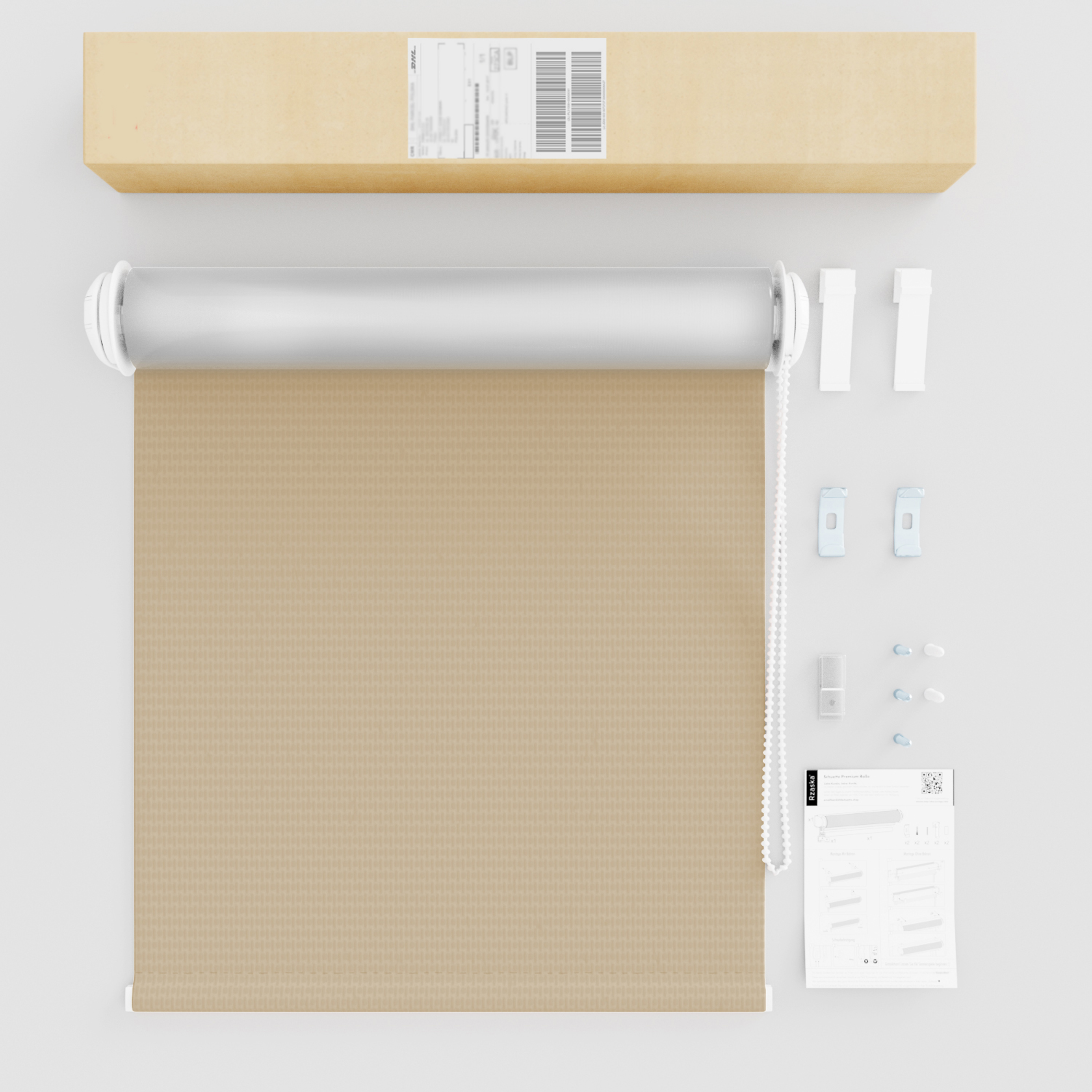 Roleta zaciemniająca Rząska® na wymiar, kolekcja Thermo, uchwyty bezinwazyjne i inwazyjne 2w1 w kolorze Kruche ciasteczko, beżowym z profilem białym.