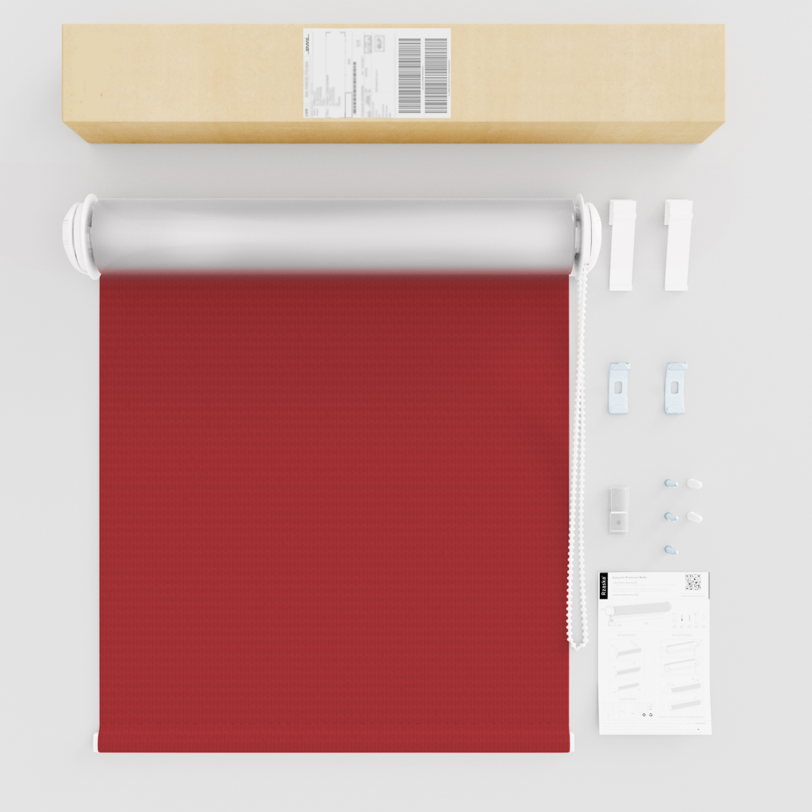 Roleta zaciemniająca Rząska® na wymiar, kolekcja Thermo, uchwyty bezinwazyjne i inwazyjne 2w1 w kolorze Wiśniowe cukierki, czerwonym z profilem białym.