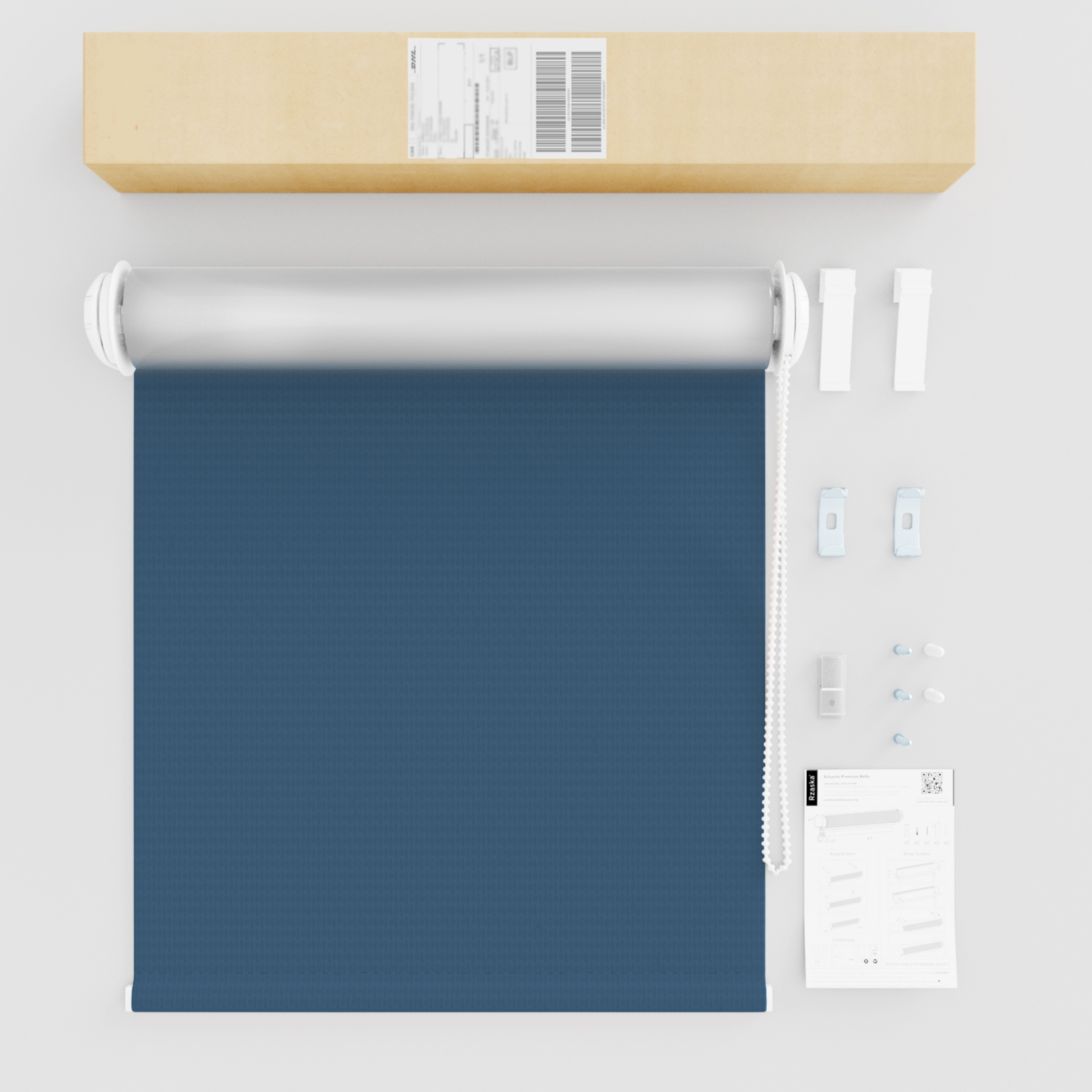 Roleta zaciemniająca Rząska® na wymiar, kolekcja Thermo, uchwyty bezinwazyjne i inwazyjne 2w1 w kolorze Navy Blue , niebieskim z profilem białym.