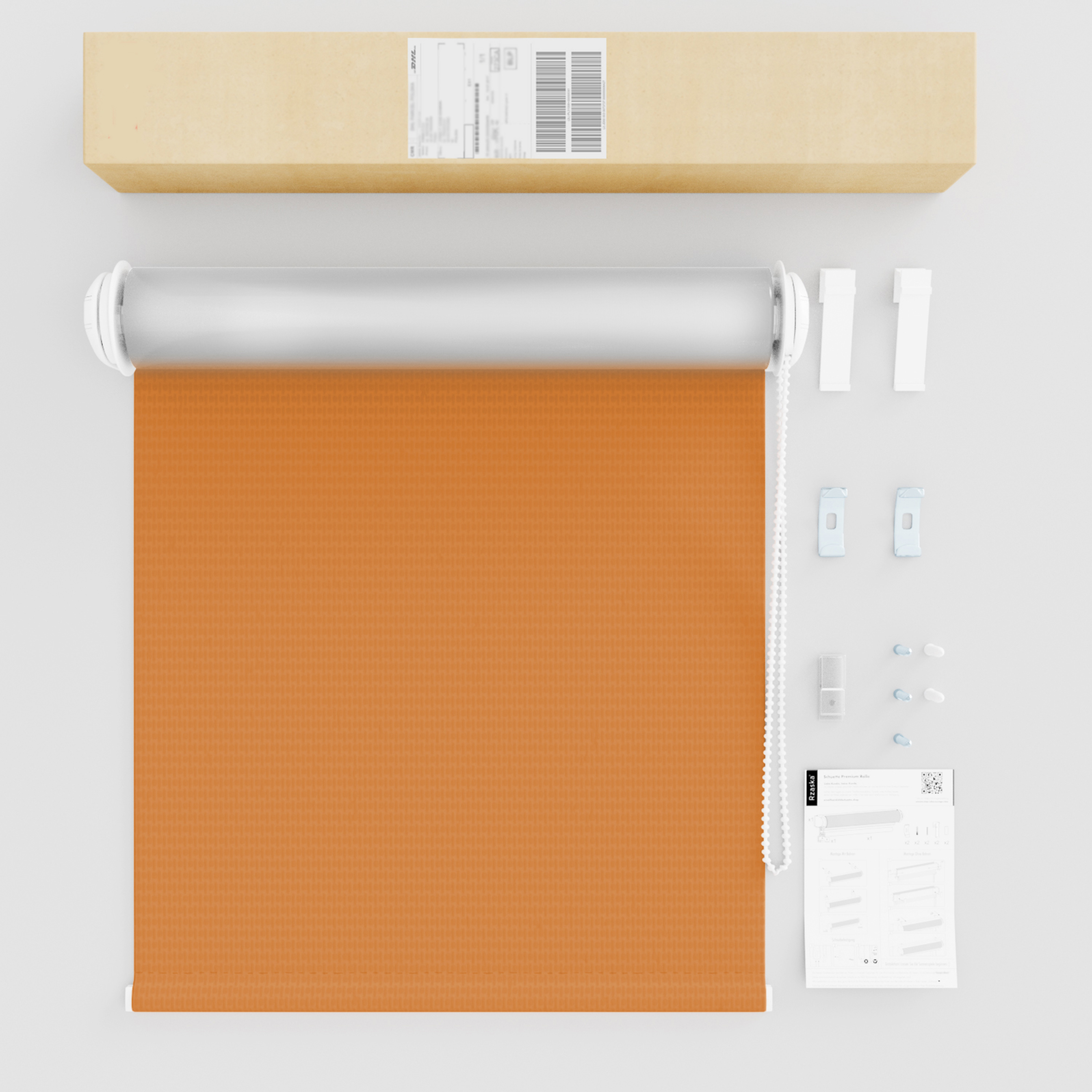 Roleta zaciemniająca Rząska® na wymiar, kolekcja Thermo, uchwyty bezinwazyjne i inwazyjne 2w1 w kolorze Dotyk mandarynki, pomarańczowym z profilem białym.