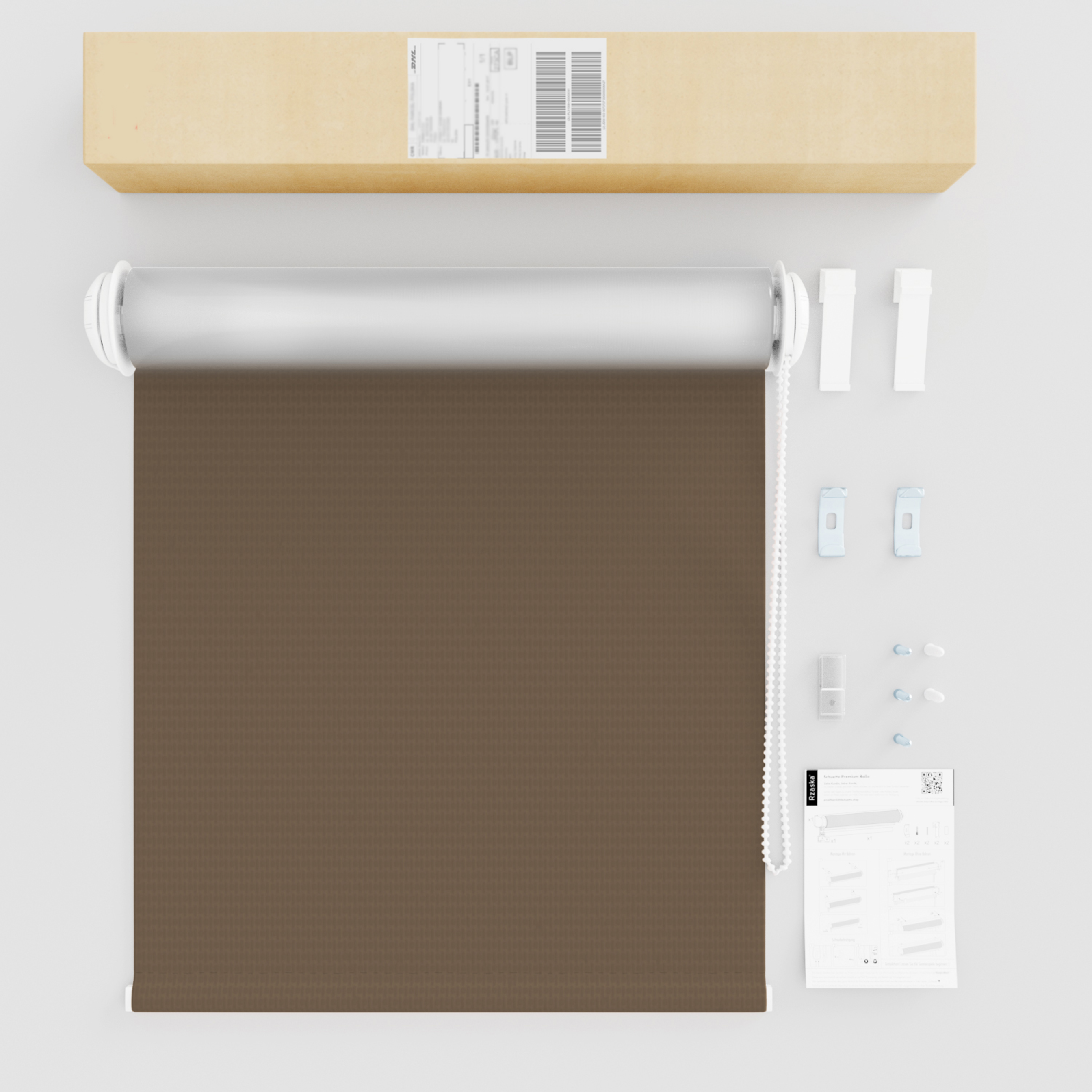 Roleta zaciemniająca Rząska® na wymiar, kolekcja Thermo, uchwyty bezinwazyjne i inwazyjne 2w1 w kolorze Ciemny orzech, brązowym z profilem białym.