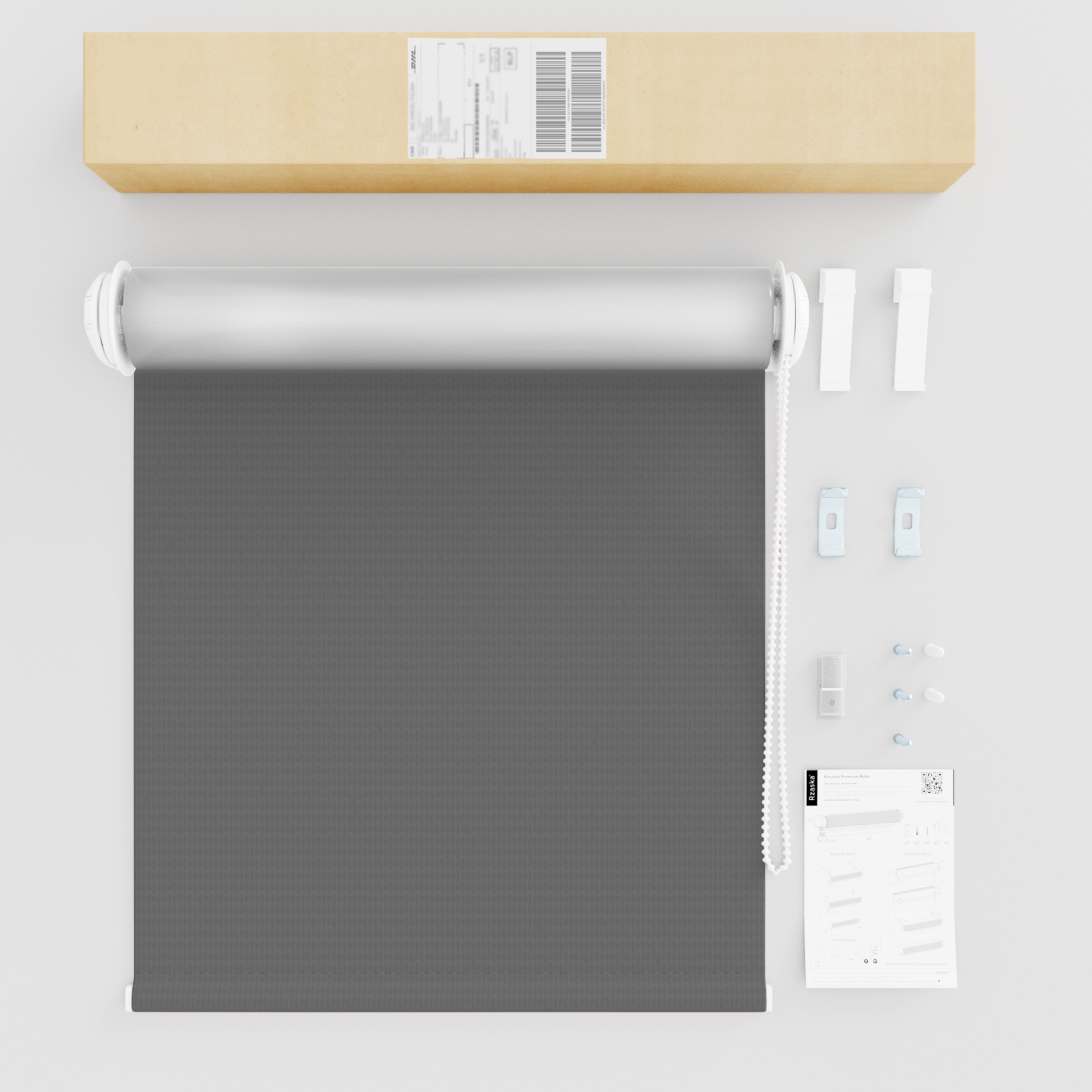 Roleta zaciemniająca Rząska® na wymiar, kolekcja Thermo, uchwyty bezinwazyjne i inwazyjne 2w1 w kolorze Cień szarości, szarym z profilem białym.