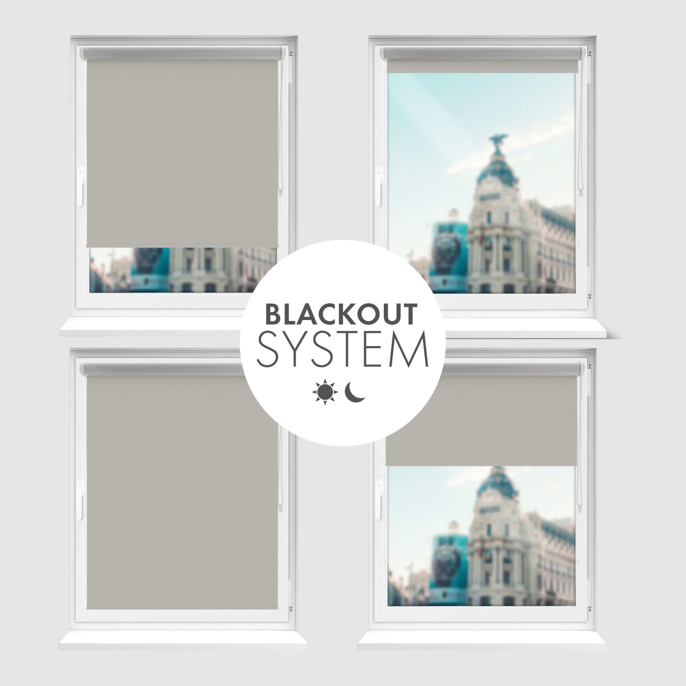 Roleta zaciemniająca Rząska® na wymiar, kolekcja Thermo, uchwyty bezinwazyjne i inwazyjne 2w1 w kolorze Mglisty poranek, szarym z profilem białym.