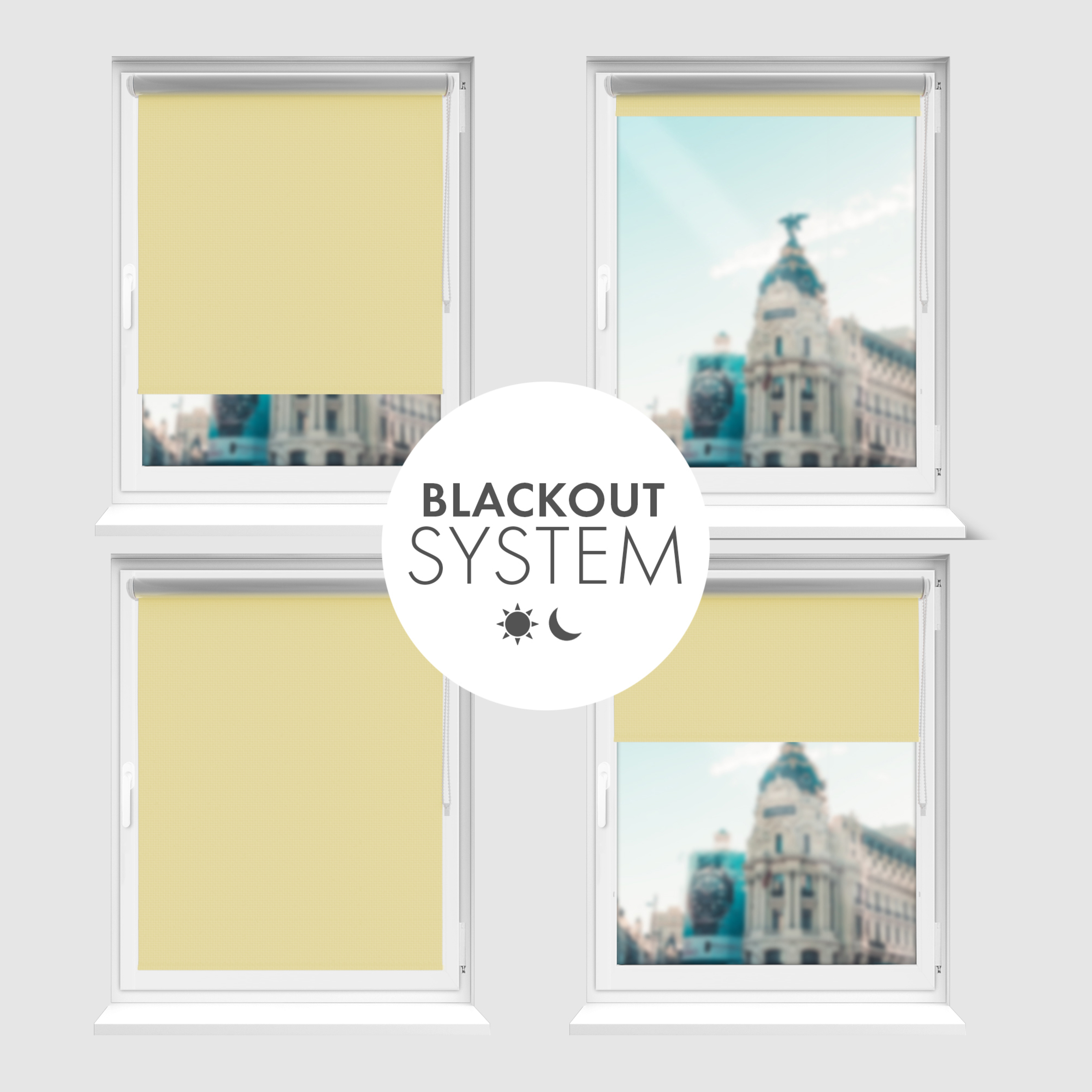 Roleta zaciemniająca Rząska® na wymiar, kolekcja Thermo, uchwyty bezinwazyjne i inwazyjne 2w1 w kolorze Piasczysty brzeg, beżowym z profilem białym.