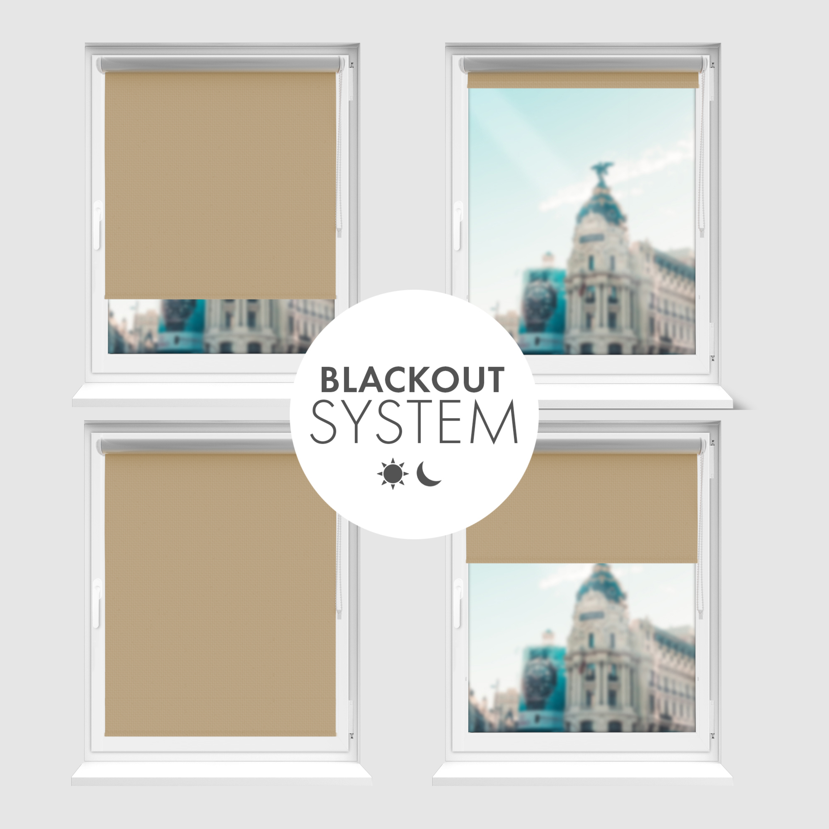 Roleta zaciemniająca Rząska® na wymiar, kolekcja Thermo, uchwyty bezinwazyjne i inwazyjne 2w1 w kolorze Kruche ciasteczko, beżowym z profilem białym.