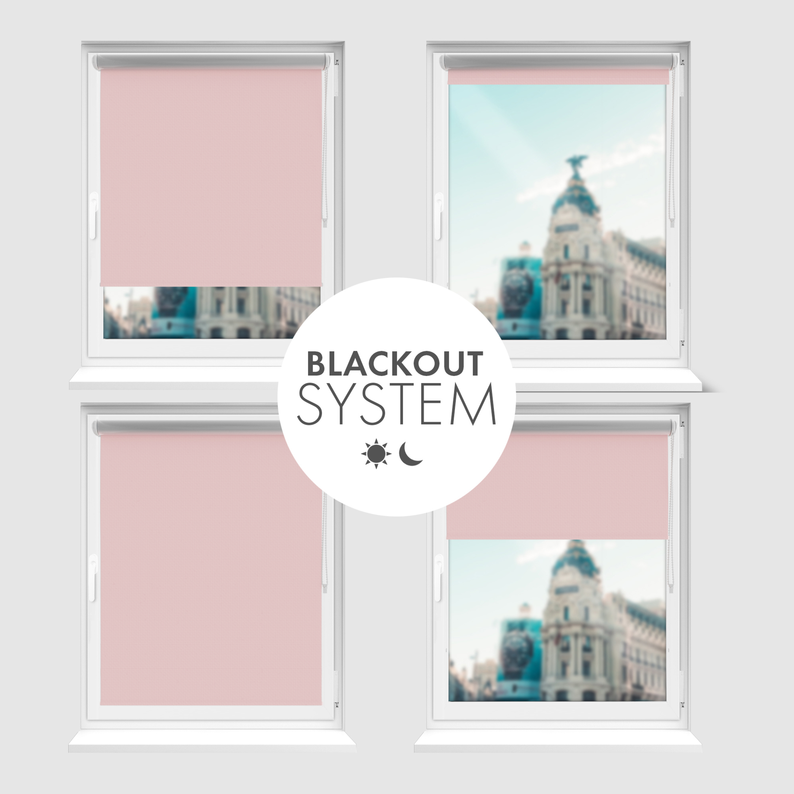 Roleta zaciemniająca Rząska® na wymiar, kolekcja Thermo, uchwyty bezinwazyjne i inwazyjne 2w1 w kolorze Pudrowy róż, różowym z profilem białym.