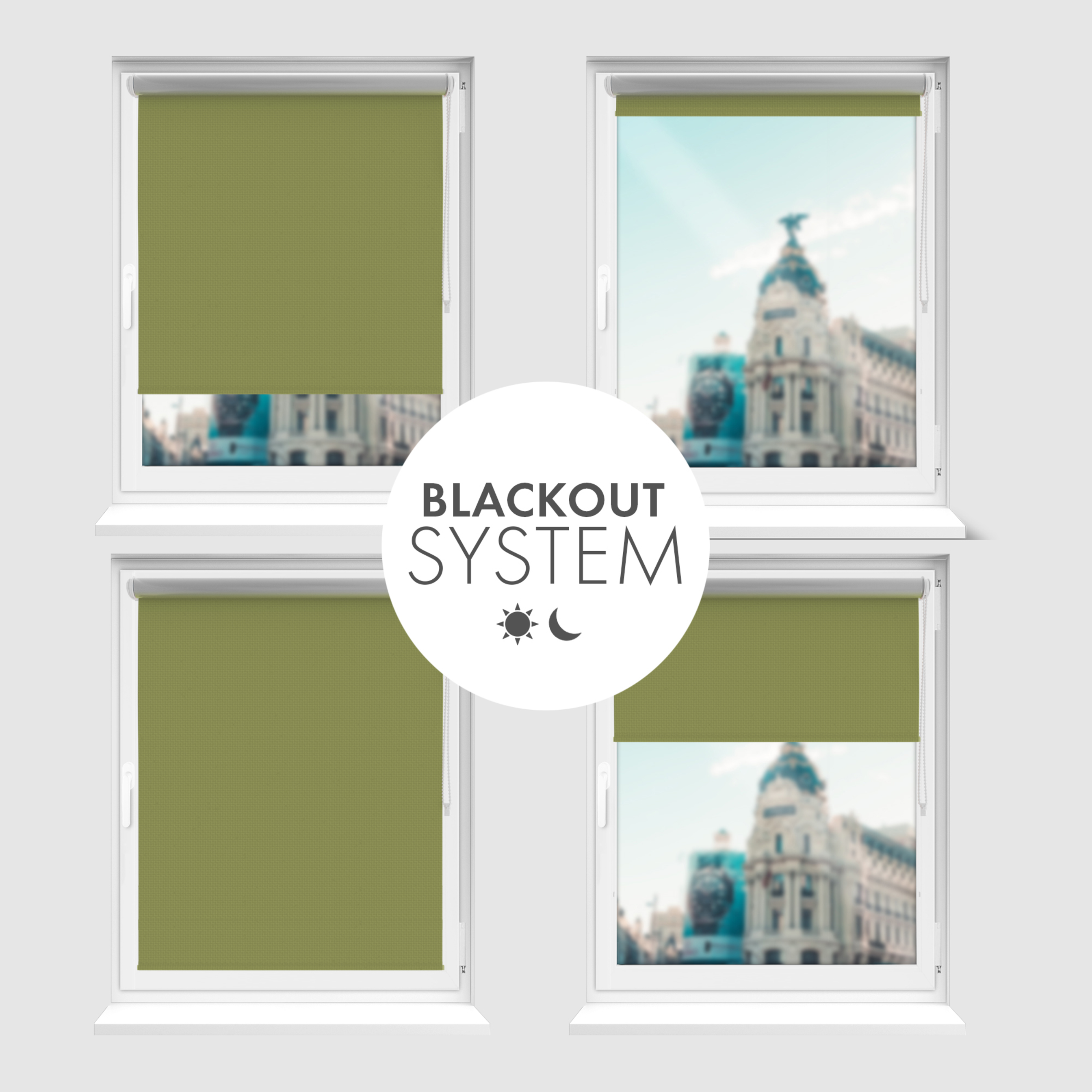 Roleta zaciemniająca Rząska® na wymiar, kolekcja Thermo, uchwyty bezinwazyjne i inwazyjne 2w1 w kolorze Oliwa europejska, zielonym z profilem białym.