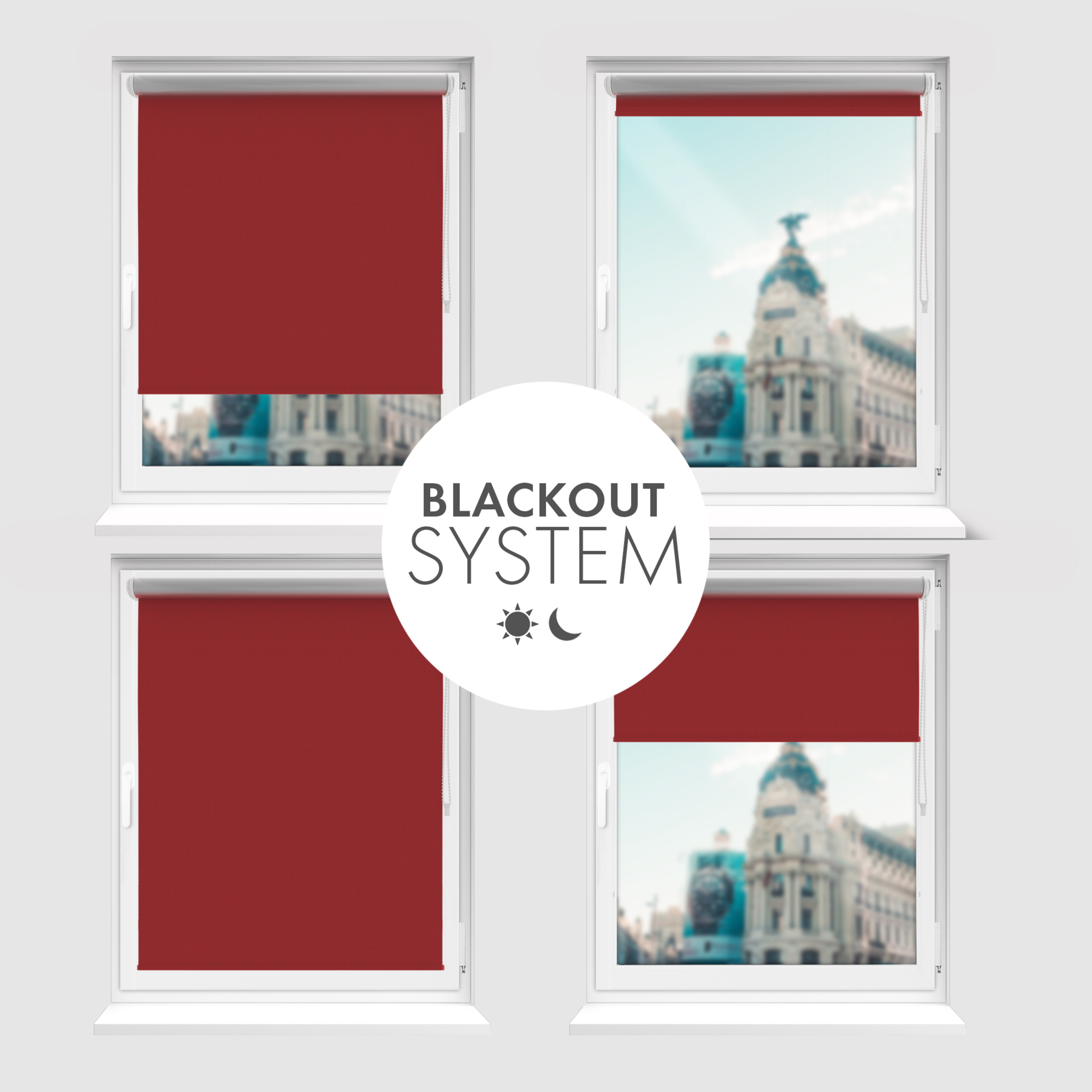 Roleta zaciemniająca Rząska® na wymiar, kolekcja Thermo, uchwyty bezinwazyjne i inwazyjne 2w1 w kolorze Wiśniowe cukierki, czerwonym z profilem białym.