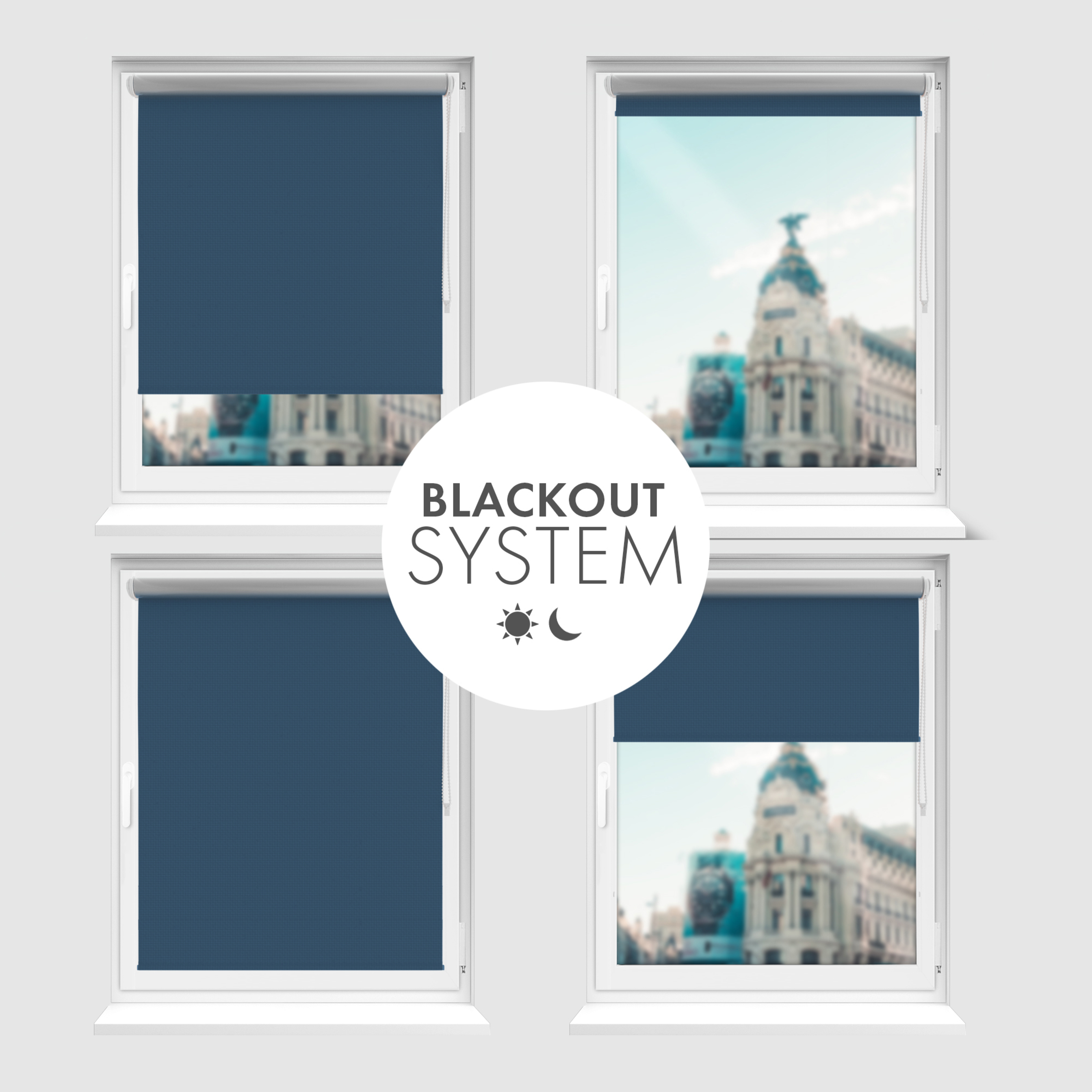 Roleta zaciemniająca Rząska® na wymiar, kolekcja Thermo, uchwyty bezinwazyjne i inwazyjne 2w1 w kolorze Navy Blue , niebieskim z profilem białym.