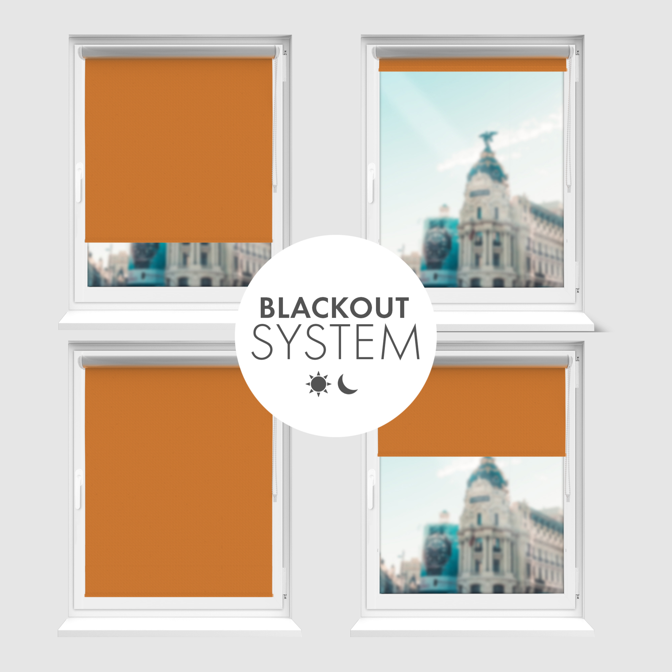 Roleta zaciemniająca Rząska® na wymiar, kolekcja Thermo, uchwyty bezinwazyjne i inwazyjne 2w1 w kolorze Dotyk mandarynki, pomarańczowym z profilem brązowym.