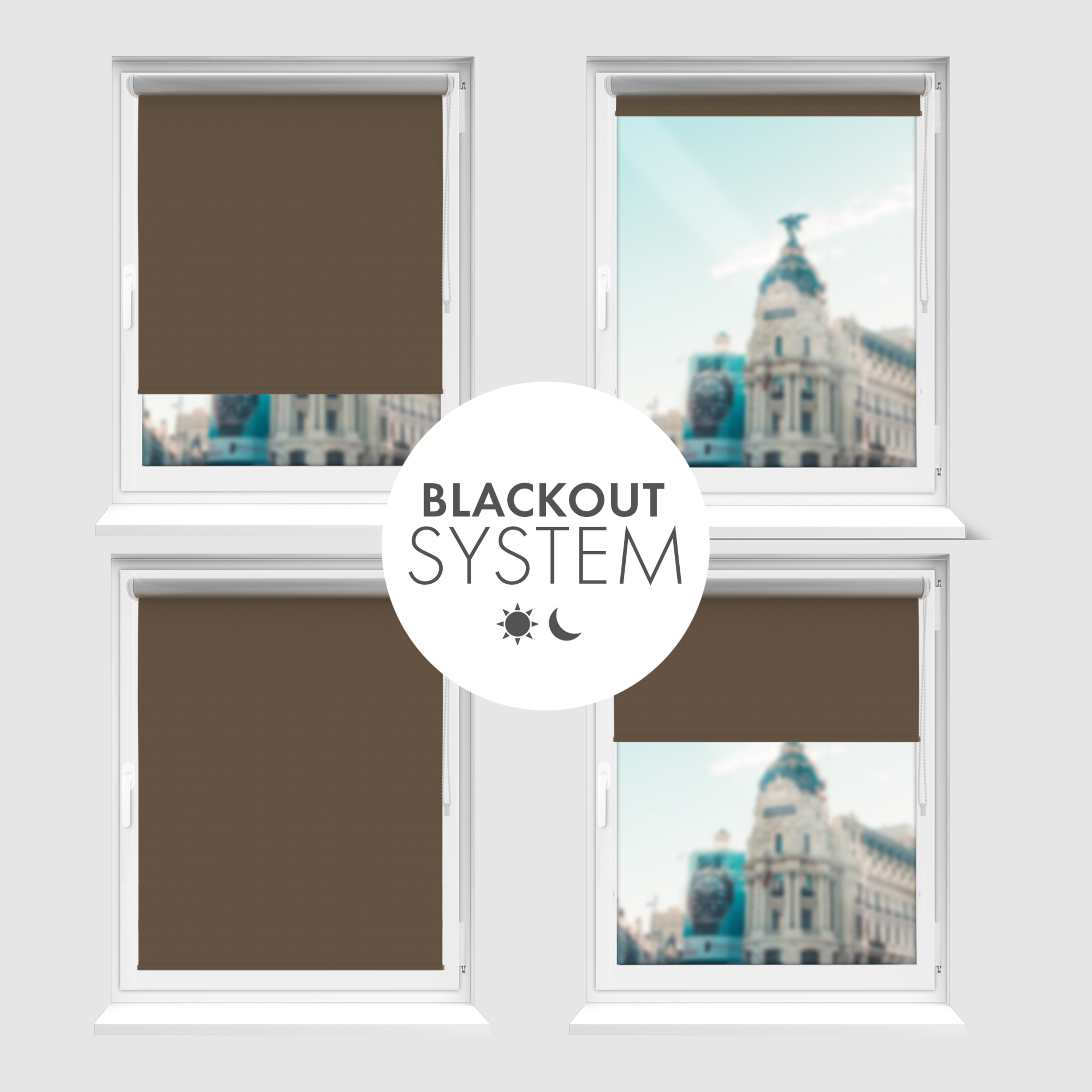 Roleta zaciemniająca Rząska® na wymiar, kolekcja Thermo, uchwyty bezinwazyjne i inwazyjne 2w1 w kolorze Ciemny orzech, brązowym z profilem białym.