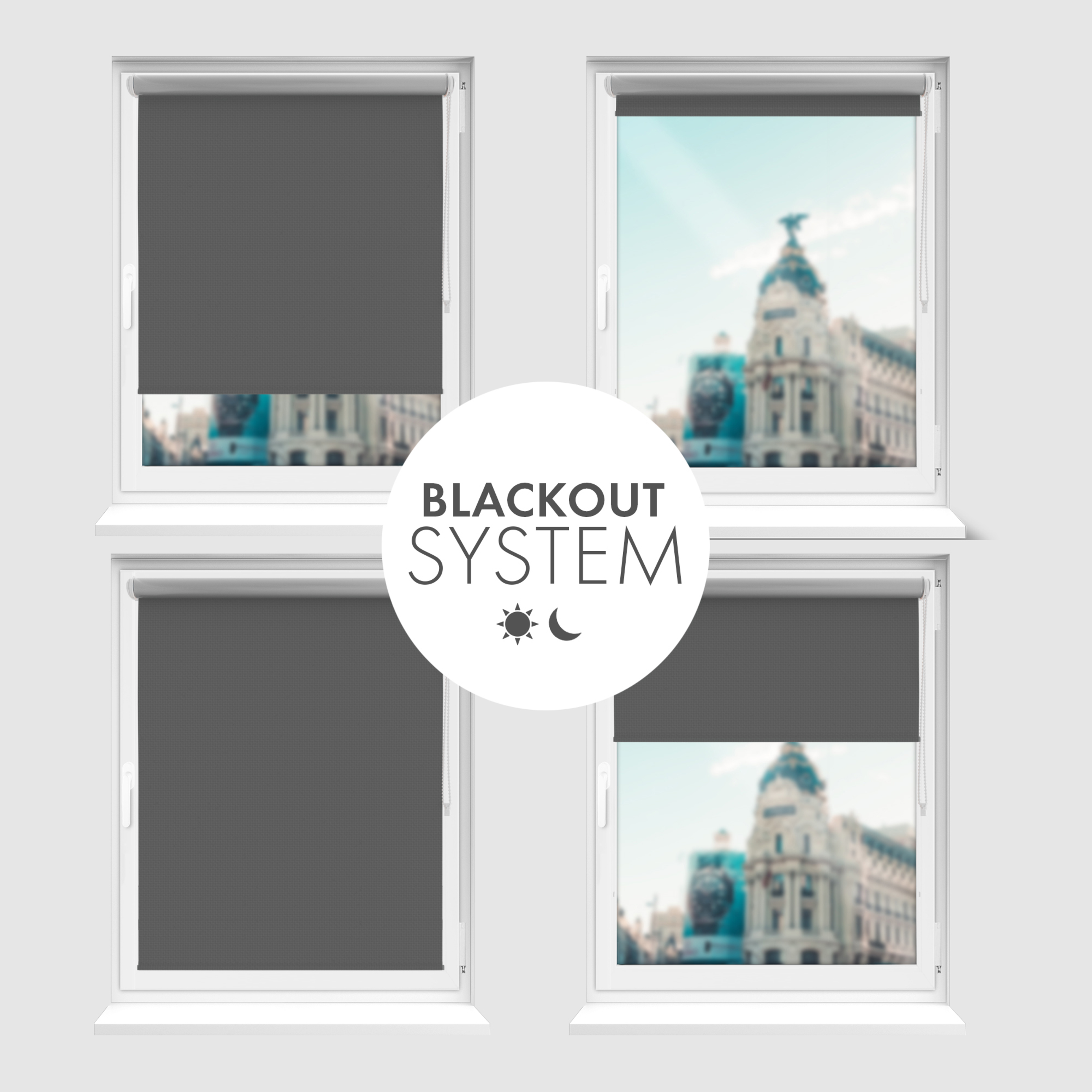 Roleta zaciemniająca Rząska® na wymiar, kolekcja Thermo, uchwyty bezinwazyjne i inwazyjne 2w1 w kolorze Cień szarości, szarym z profilem białym.