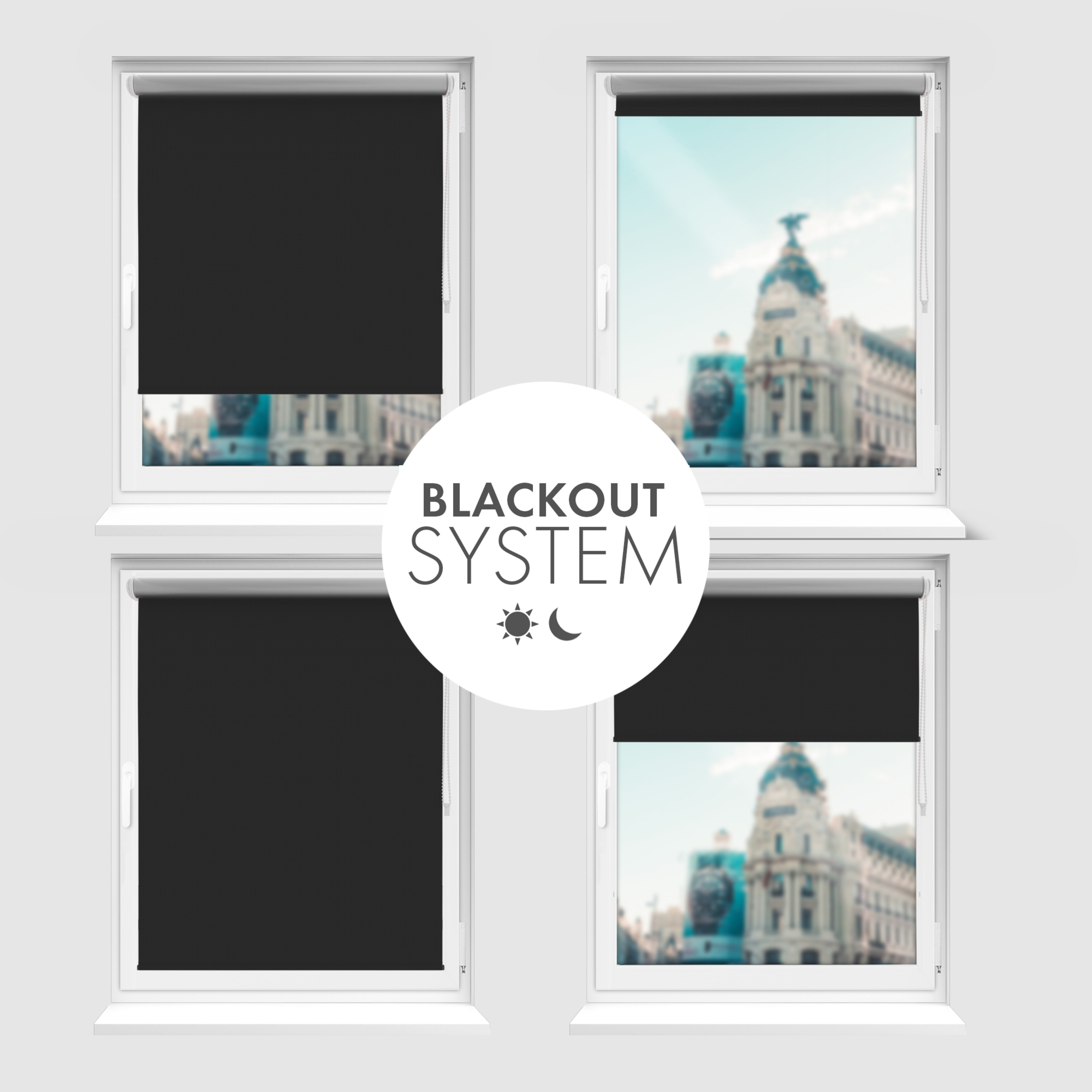 Roleta zaciemniająca Rząska® na wymiar, kolekcja Thermo, uchwyty bezinwazyjne i inwazyjne 2w1 w kolorze Onksynowy kamień, czarnym z profilem białym.