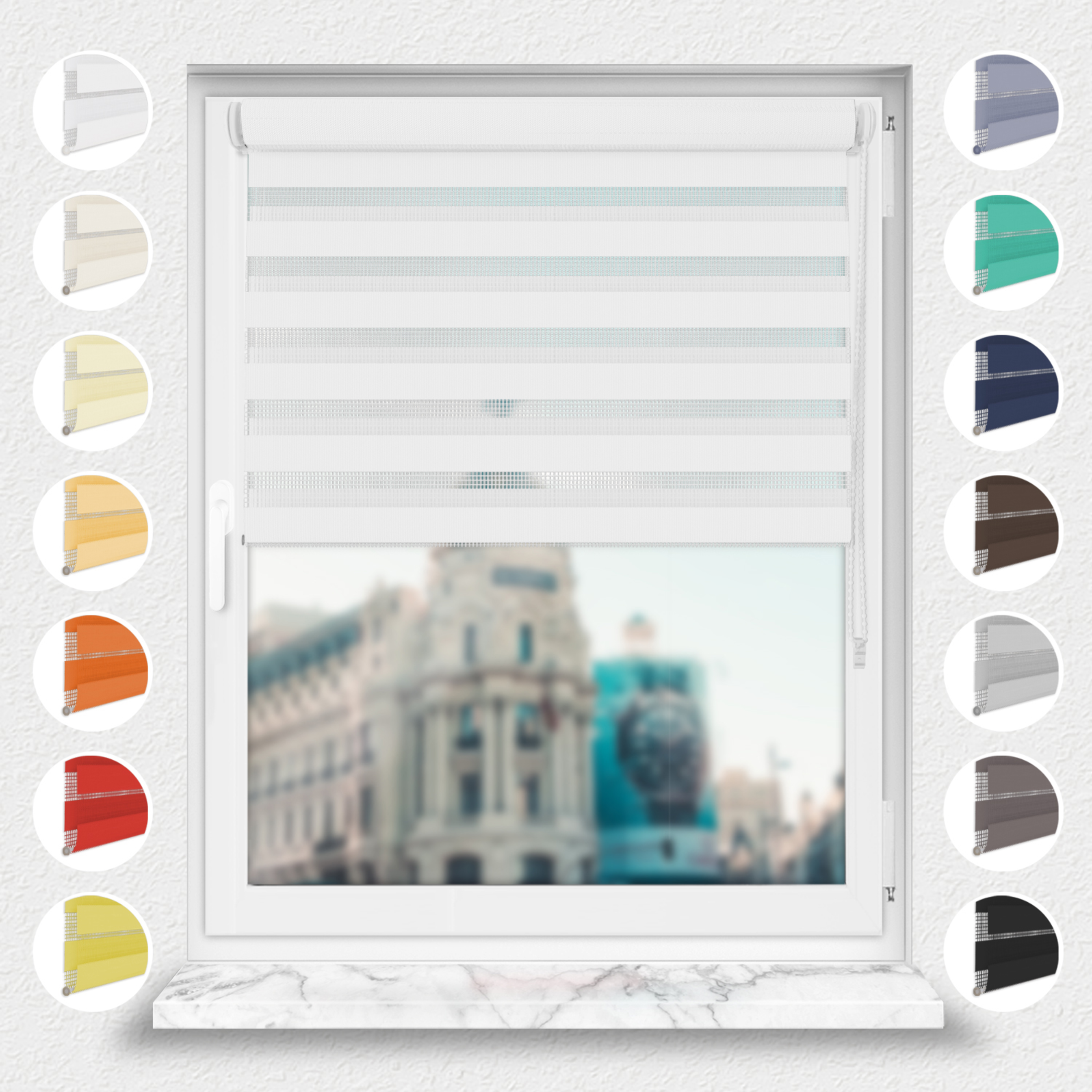 Nowoczesne rolety Rząska® na wymiar, kolekcja Dzień i Noc, uchwyty bezinwazyjne i inwazyjne 2w1 w kolorze Biały śnieg, białym z profilem brązowym.