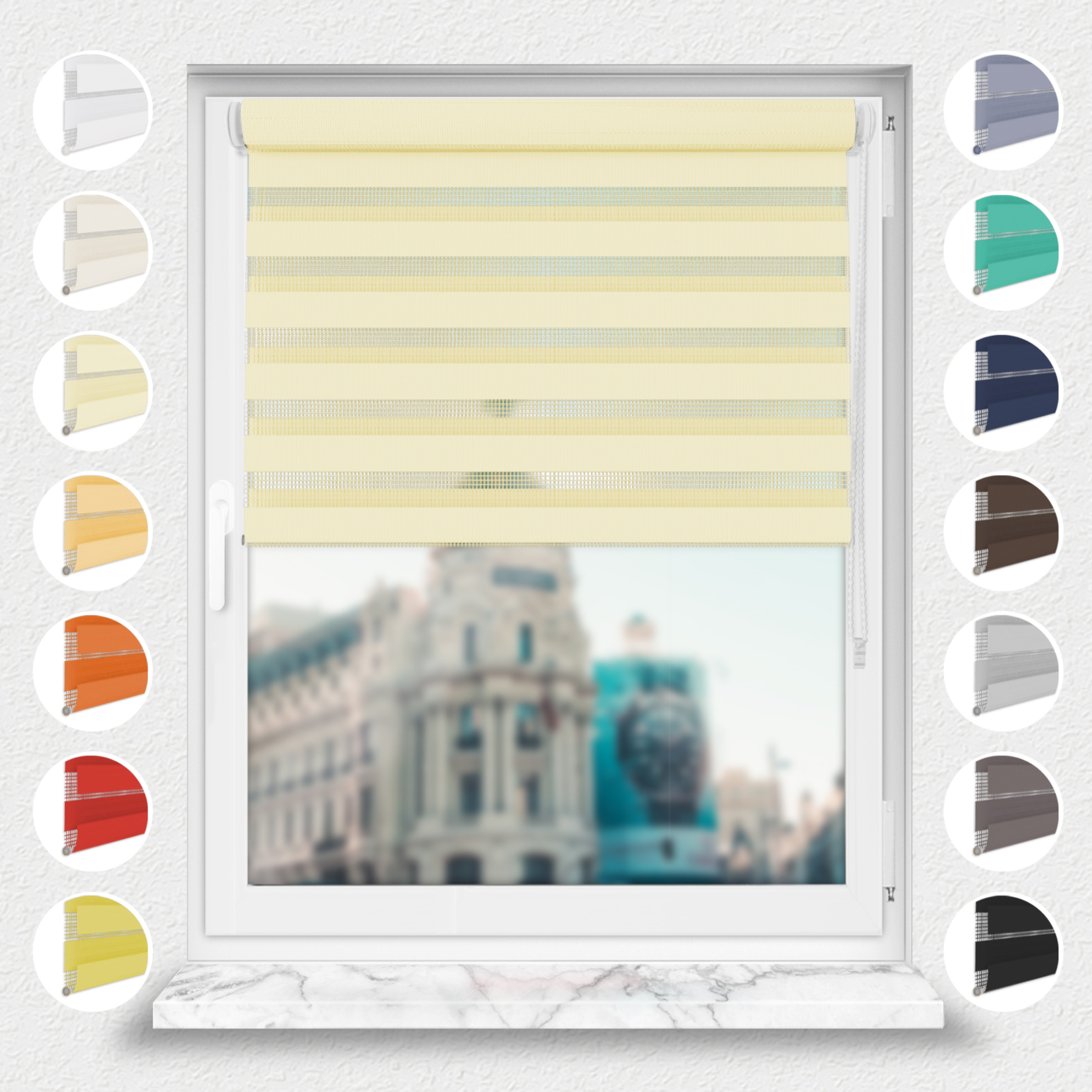 Nowoczesne rolety Rząska® na wymiar, kolekcja Dzień i Noc, uchwyty bezinwazyjne i inwazyjne 2w1 w kolorze Jasna morela, beżowym z profilem brązowym.