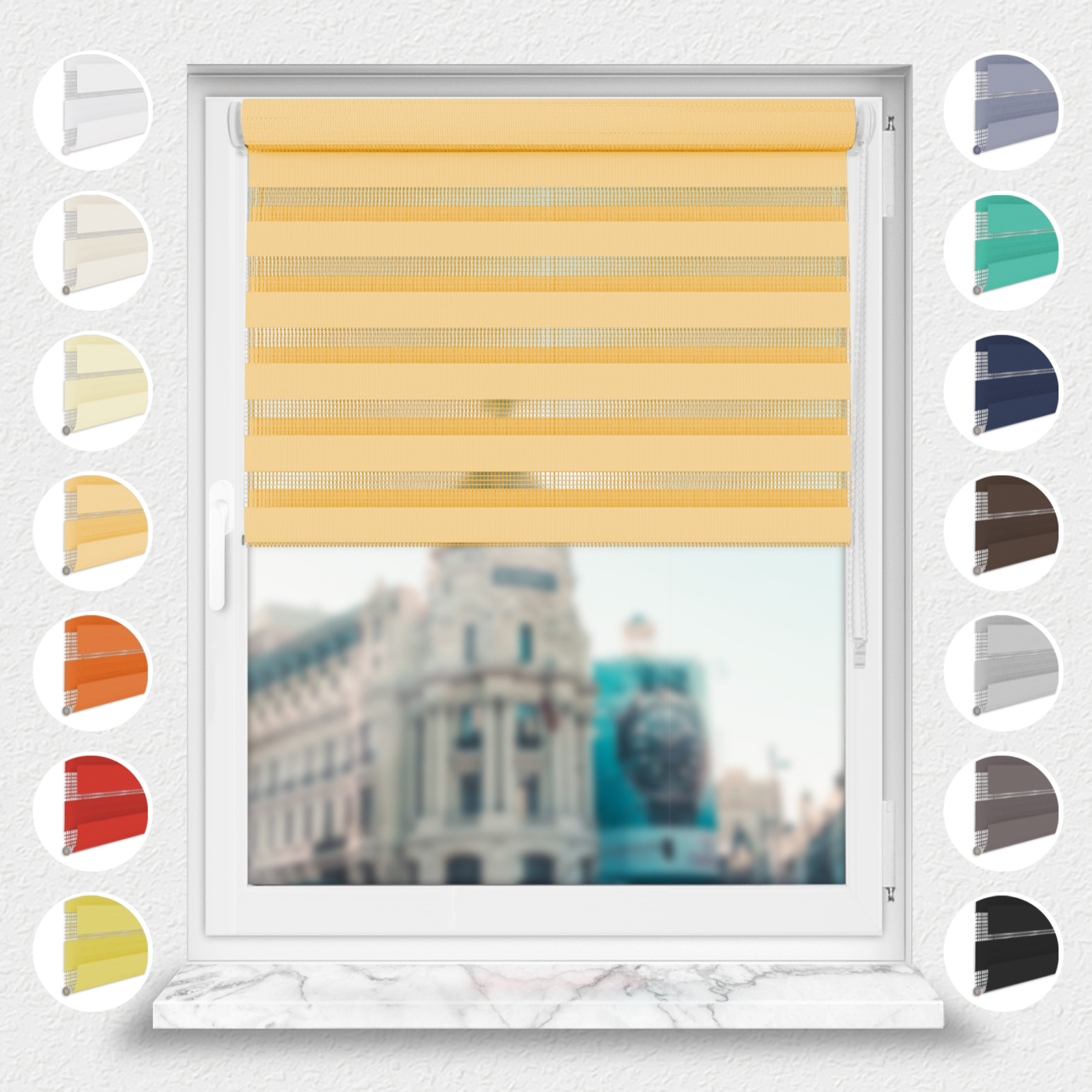 Nowoczesne rolety Rząska® na wymiar, kolekcja Dzień i Noc, uchwyty bezinwazyjne i inwazyjne 2w1 w kolorze Zamek z piasku, beżowym z profilem białym.