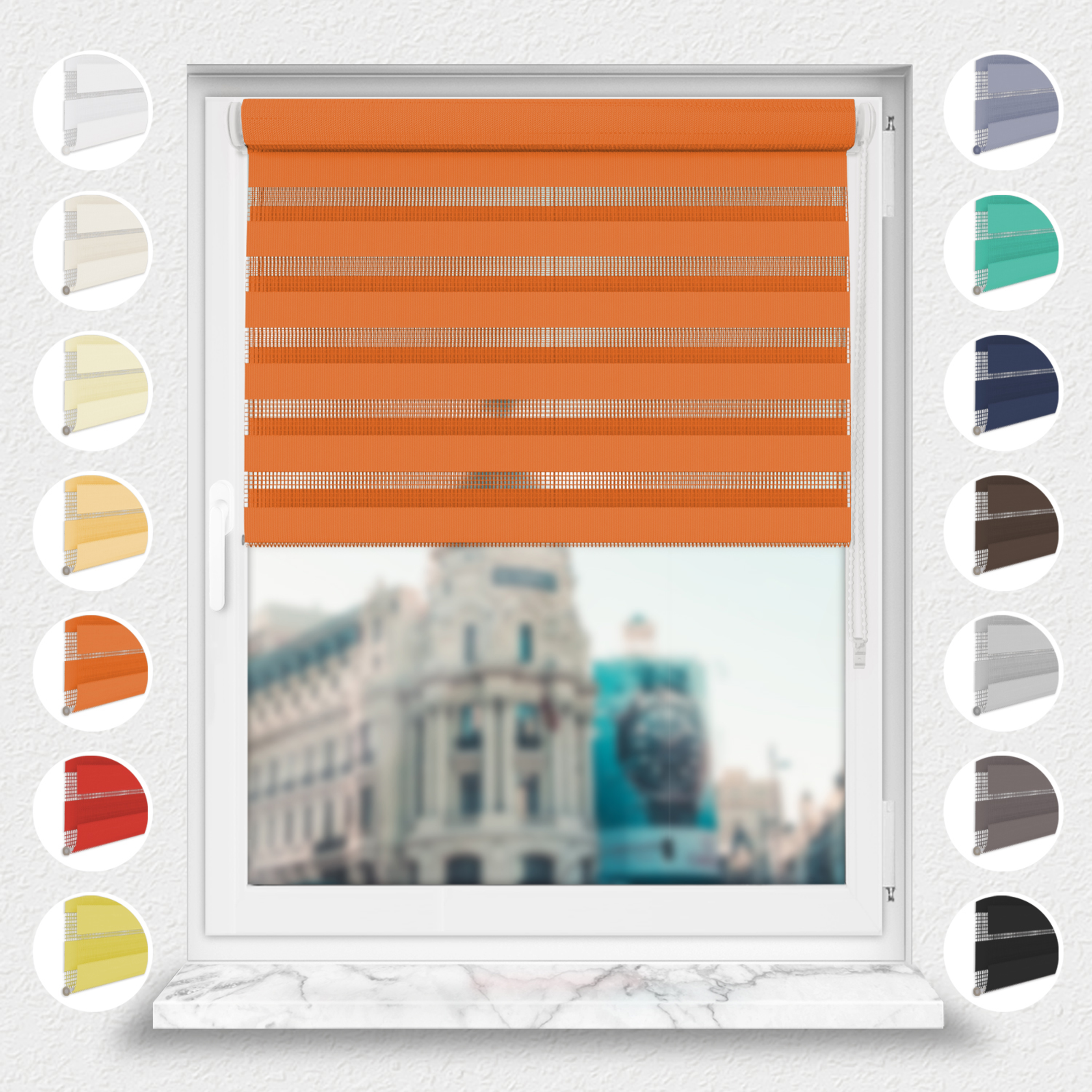 Nowoczesne rolety Rząska® na wymiar, kolekcja Dzień i Noc, uchwyty bezinwazyjne i inwazyjne 2w1 w kolorze Słodka pomarańcza, pomarańczowym z profilem białym.