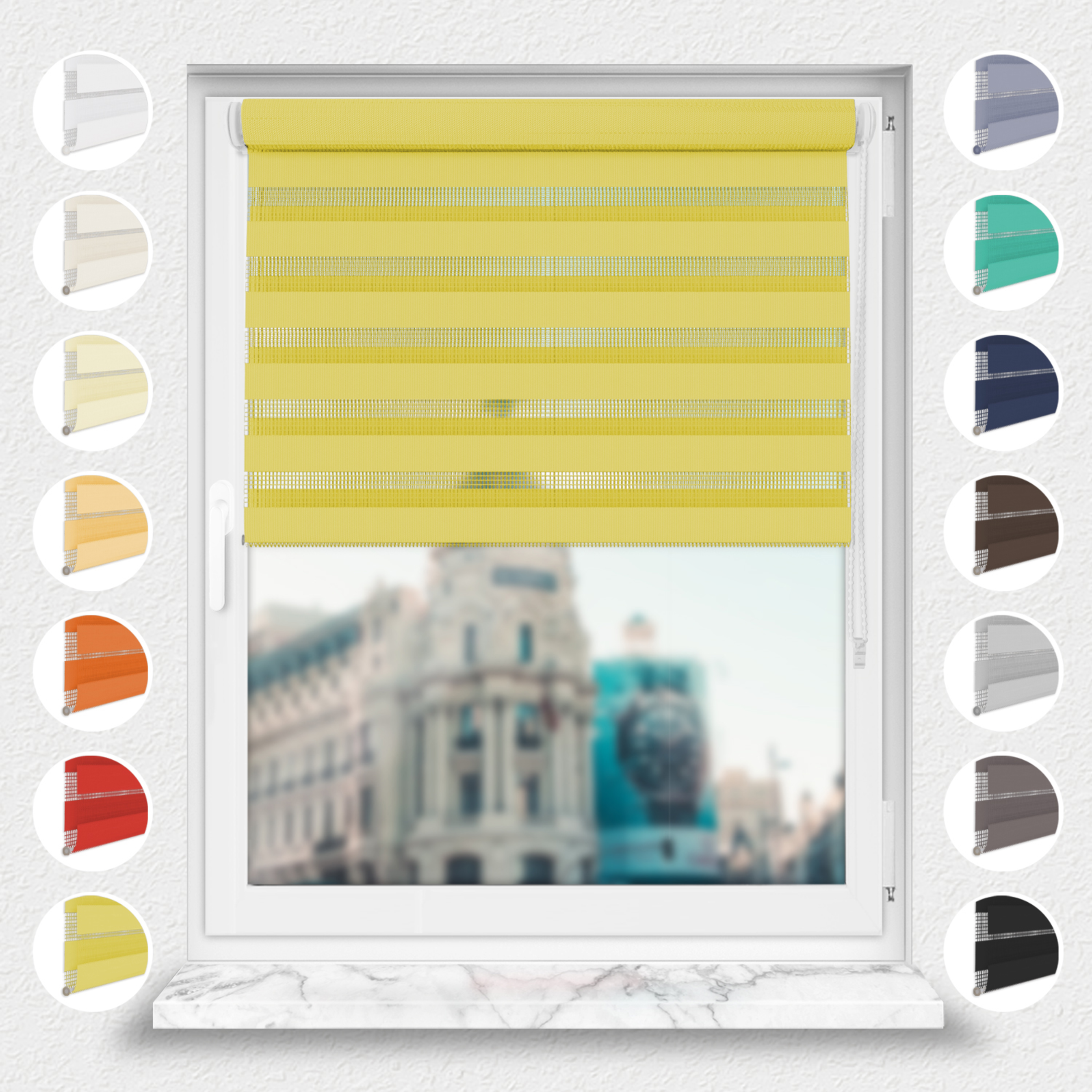 Nowoczesne rolety Rząska® na wymiar, kolekcja Dzień i Noc, uchwyty bezinwazyjne i inwazyjne 2w1 w kolorze Kwańna Limonka, żółtym z profilem białym.