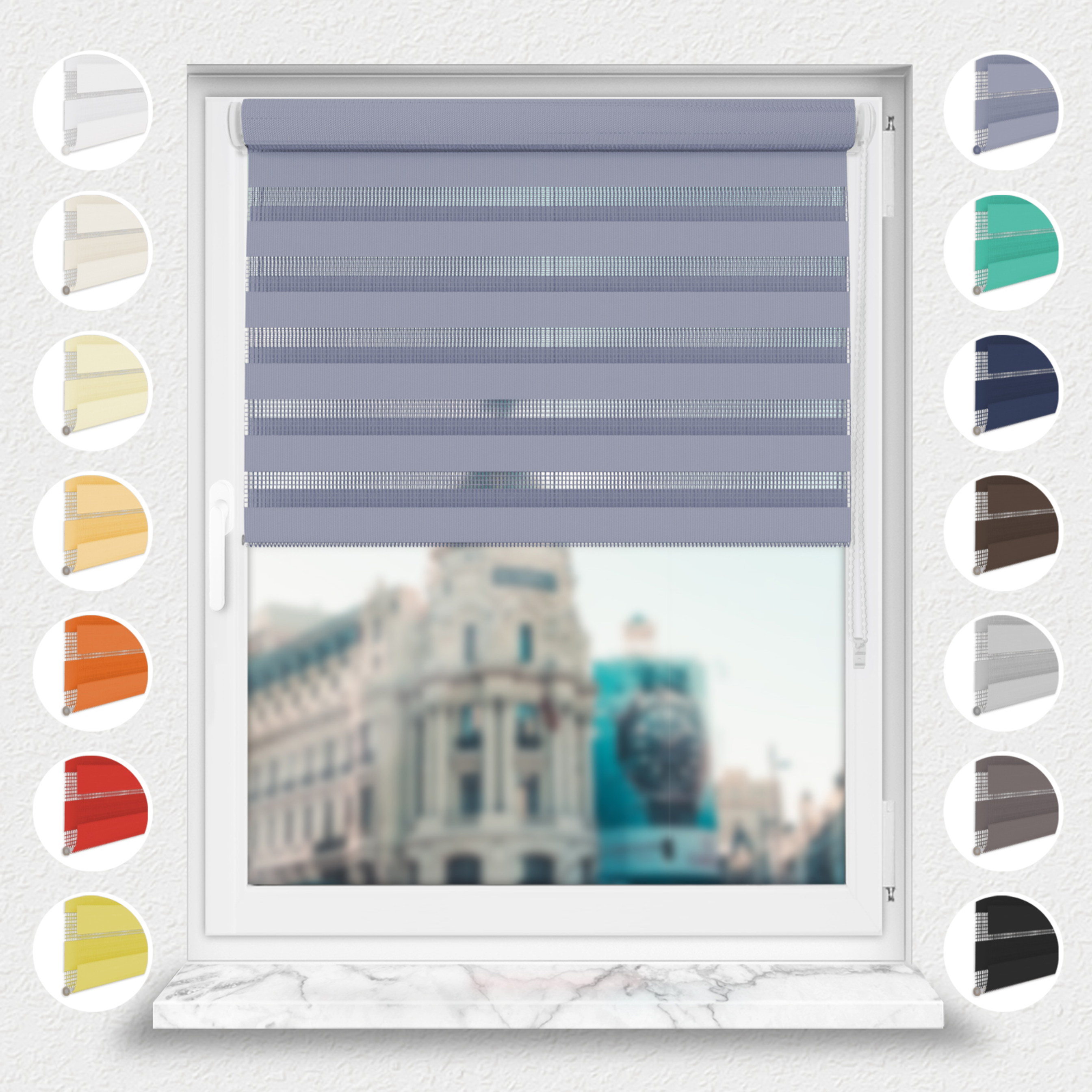 Nowoczesne rolety Rząska® na wymiar, kolekcja Dzień i Noc, uchwyty bezinwazyjne i inwazyjne 2w1 w kolorze Kwitnący irys, fioletowym z profilem białym.