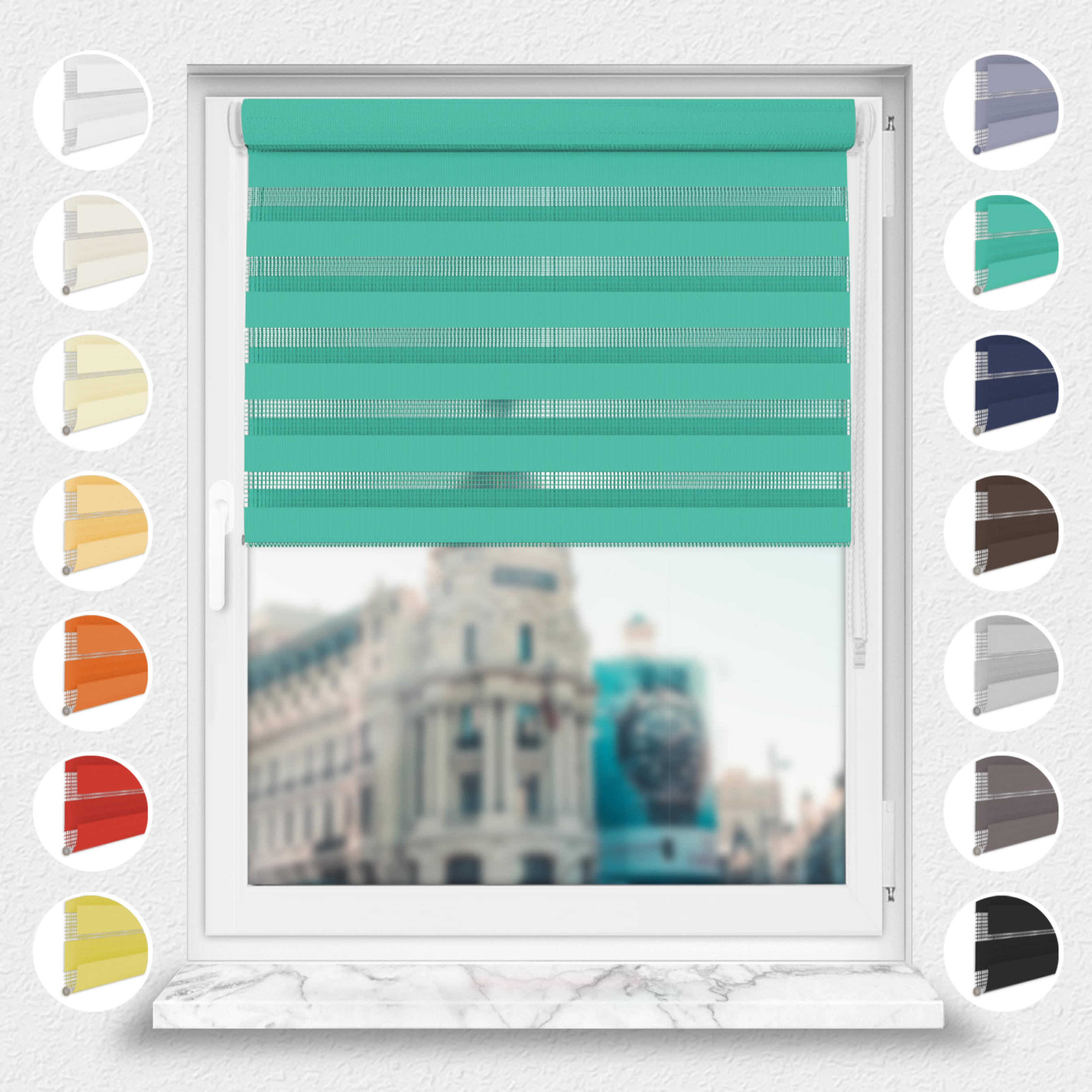 Nowoczesne rolety Rząska® na wymiar, kolekcja Dzień i Noc, uchwyty bezinwazyjne i inwazyjne 2w1 w kolorze Morskie oko, różowym z profilem białym.