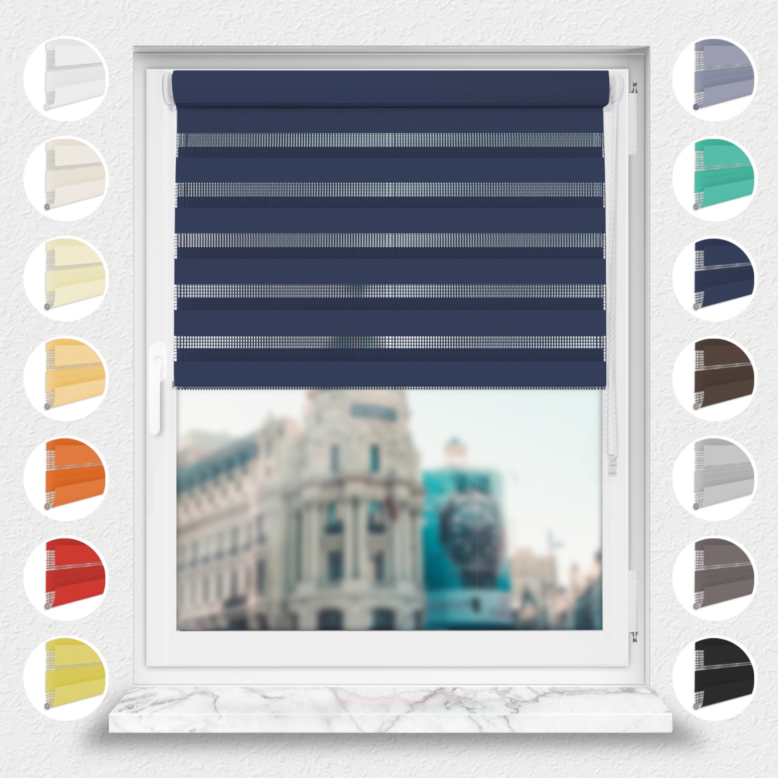 Nowoczesne rolety Rząska® na wymiar, kolekcja Dzień i Noc, uchwyty bezinwazyjne i inwazyjne 2w1 w kolorze Lazurowe wybrzeże, ciemnoniebieskim z profilem białym.