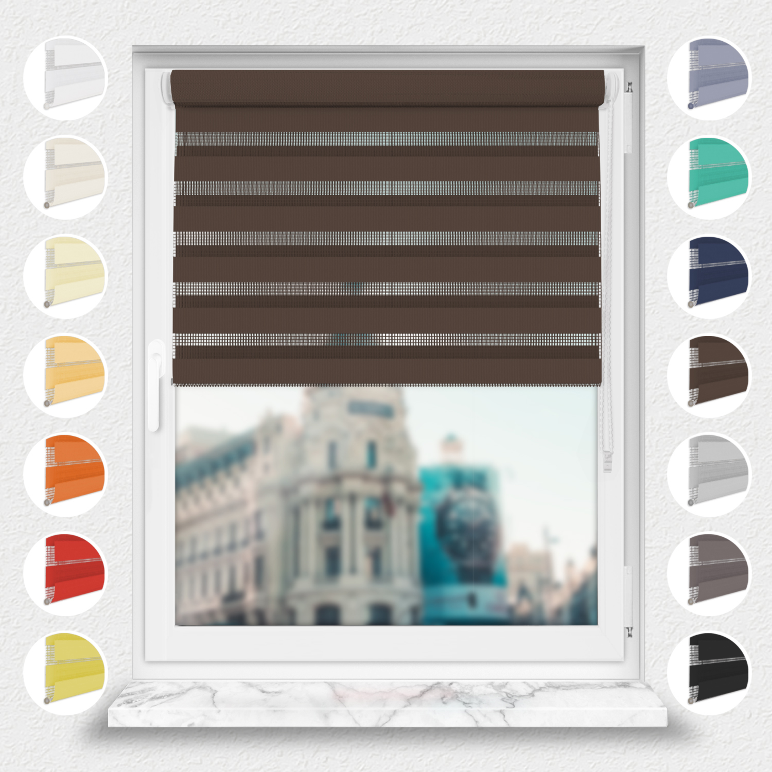 Nowoczesne rolety Rząska® na wymiar, kolekcja Dzień i Noc, uchwyty bezinwazyjne i inwazyjne 2w1 w kolorze Ciemna czekolada, brązowym z profilem białym.